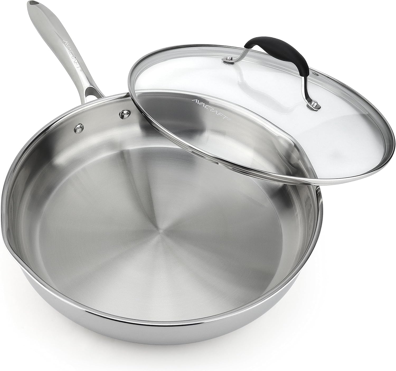 image:imageAVACRAFT 8 Inch TriPly Stainless Steel Frying Pan with Lid Side Spouts Induction Pan Versatile Stainless Steel Skillet Fry Pan in our Pots and Pans TriPly Stainless Steel 8 InchStainless Steel