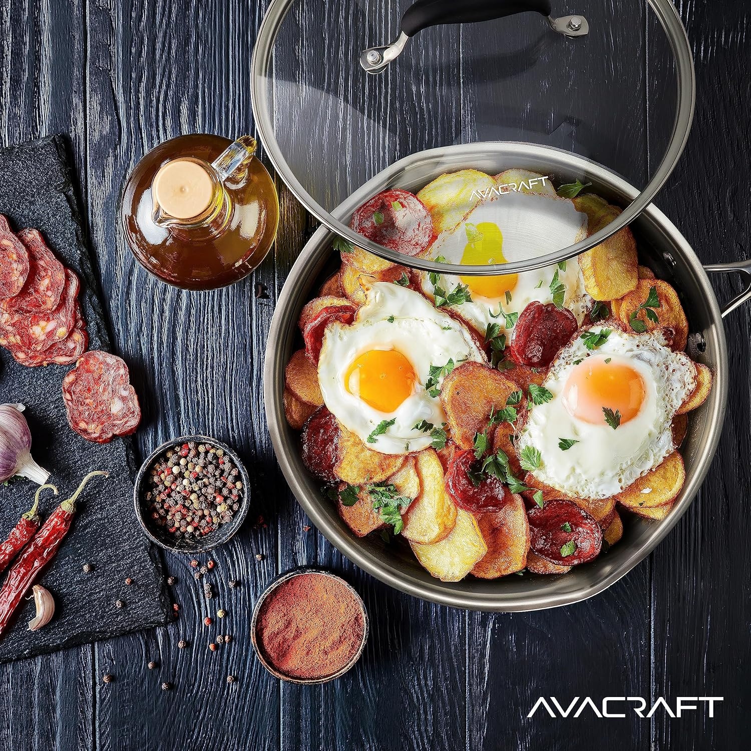 image:imageAVACRAFT 8 Inch TriPly Stainless Steel Frying Pan with Lid Side Spouts Induction Pan Versatile Stainless Steel Skillet Fry Pan in our Pots and Pans TriPly Stainless Steel 8 InchStainless Steel