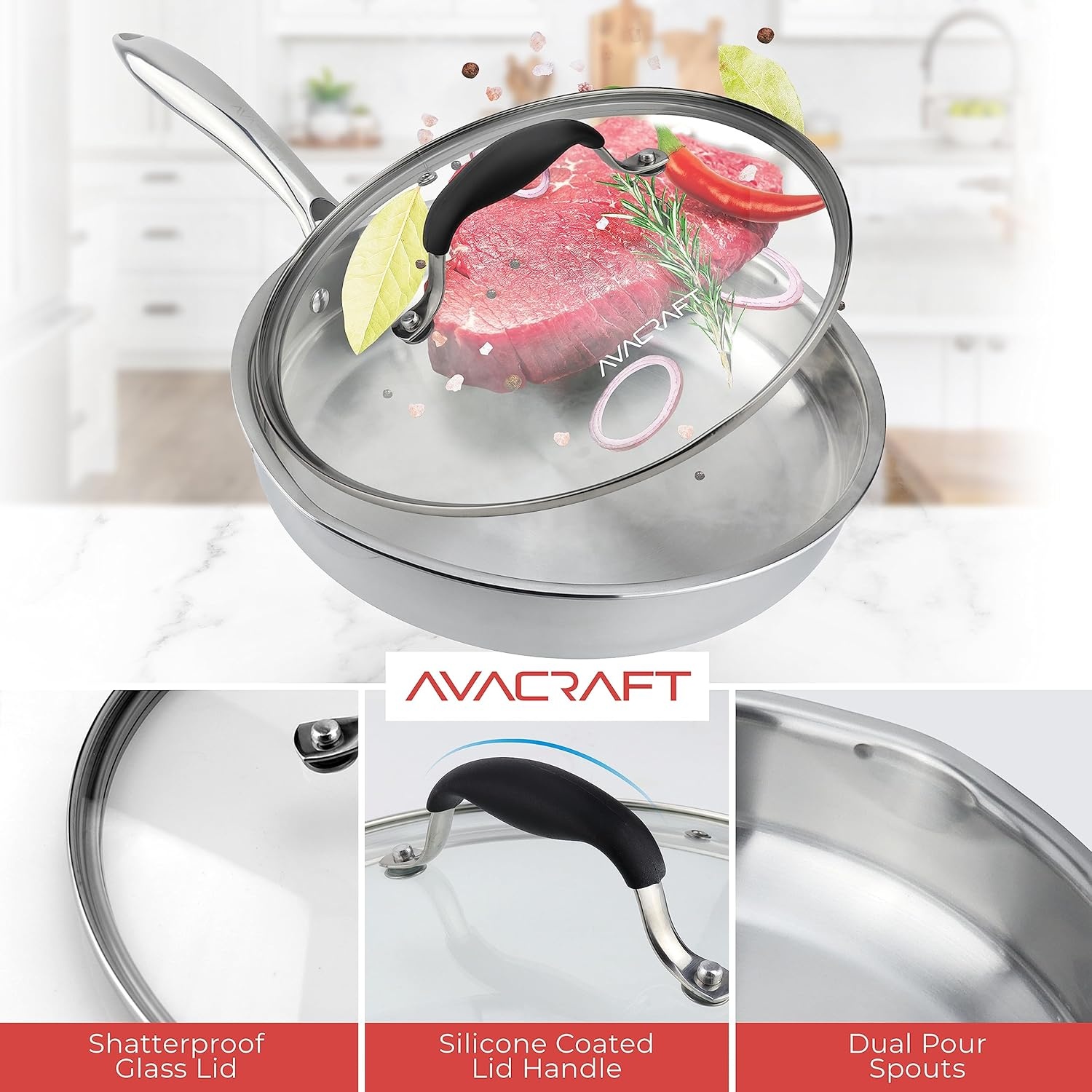 image:imageAVACRAFT 8 Inch TriPly Stainless Steel Frying Pan with Lid Side Spouts Induction Pan Versatile Stainless Steel Skillet Fry Pan in our Pots and Pans TriPly Stainless Steel 8 InchStainless Steel