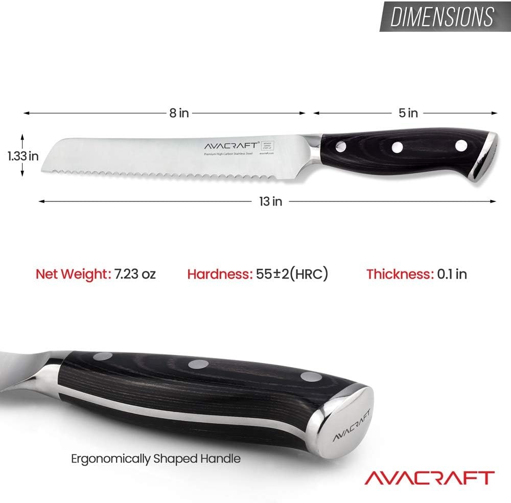 image:imageAVACRAFT Bread Knife High Carbon German 14116 Stainless Steel Serrated Knife Cake Knife Cake Slicer Ergonomic Wood Handle Razor Sharp 8 inch with Custom Storage Cover