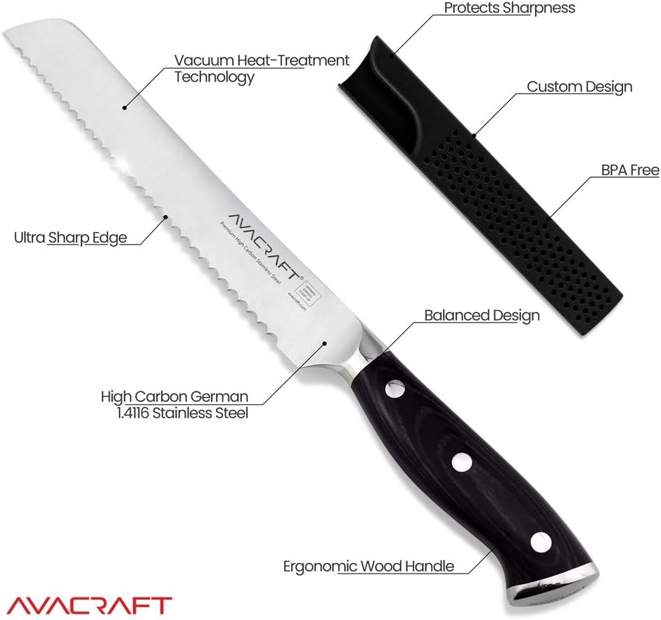 image:imageAVACRAFT Bread Knife High Carbon German 14116 Stainless Steel Serrated Knife Cake Knife Cake Slicer Ergonomic Wood Handle Razor Sharp 8 inch with Custom Storage Cover