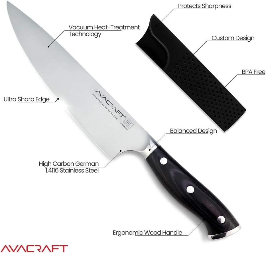 image:imageAVACRAFT Chefs Knife Kitchen Vegetable Knife Meat Knife German 14116 High Carbon Stainless Steel Ergonomic Wooden Handle Knife with Custom Storage Case 8 Chefs Knife
