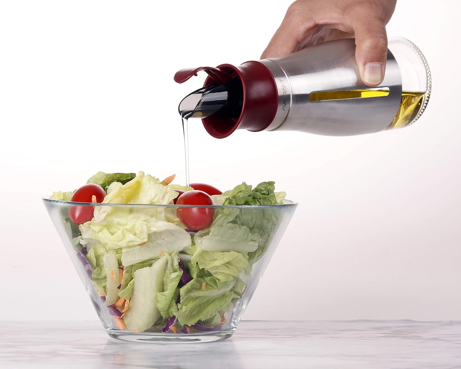 image:imageAVACRAFT Glass Oil Dispenser with Stainless Steel Cover Modern Olive Oil Dispenser Bottle Easy Refill and Cleaning Automatic Open Close Pouring Spout 10 Oz OC2