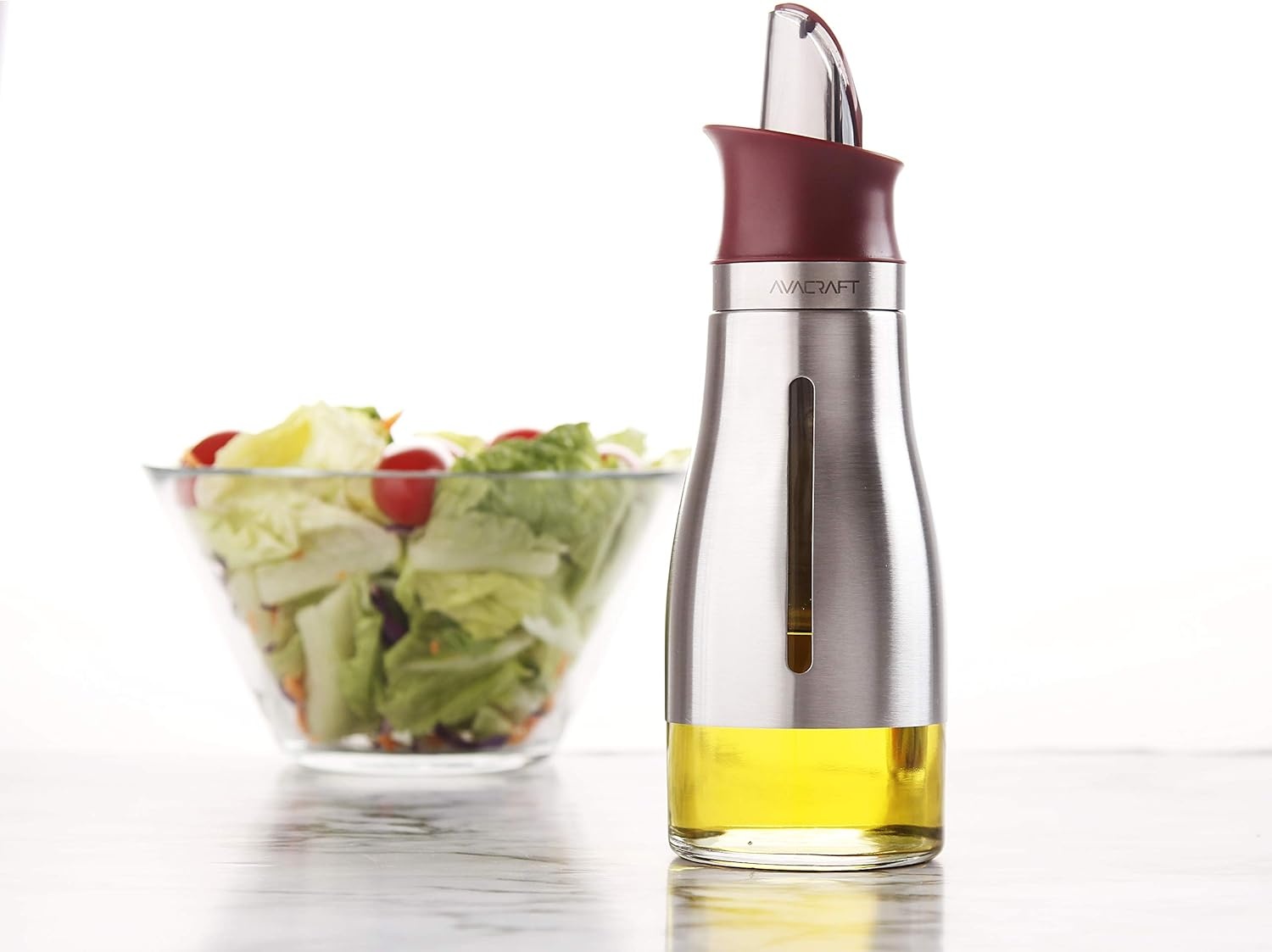 image:imageAVACRAFT Glass Oil Dispenser with Stainless Steel Cover Modern Olive Oil Dispenser Bottle Easy Refill and Cleaning Automatic Open Close Pouring Spout 10 Oz OC2