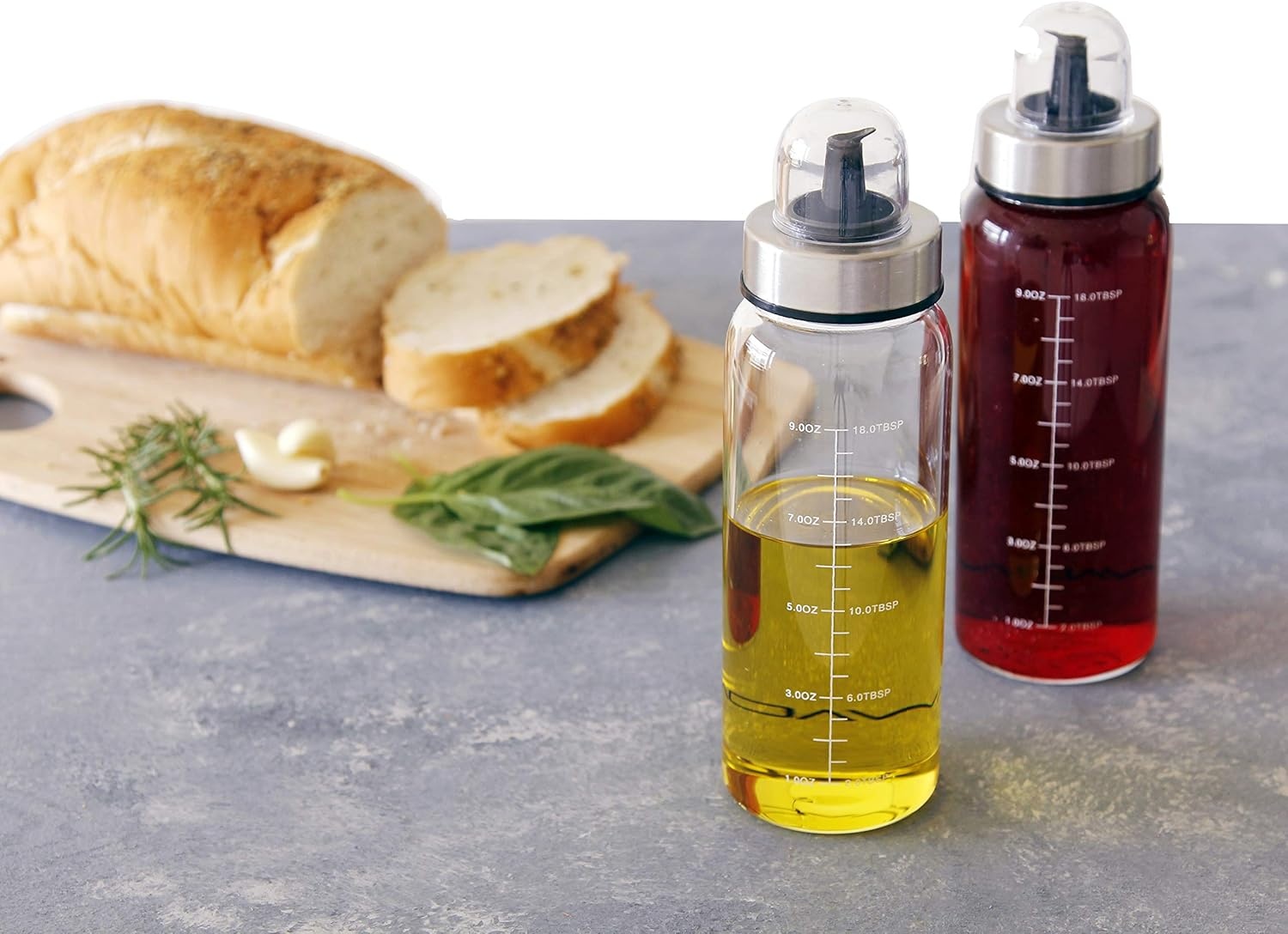 image:imageAVACRAFT Glass Olive Oil Dispenser Bottle with Pour Spouts Measurement Marks on the Oil container for Healthy Cooking Olive Oil Bottle Oil and Vinegar Dispenser 10OZ Set of Two OC3
