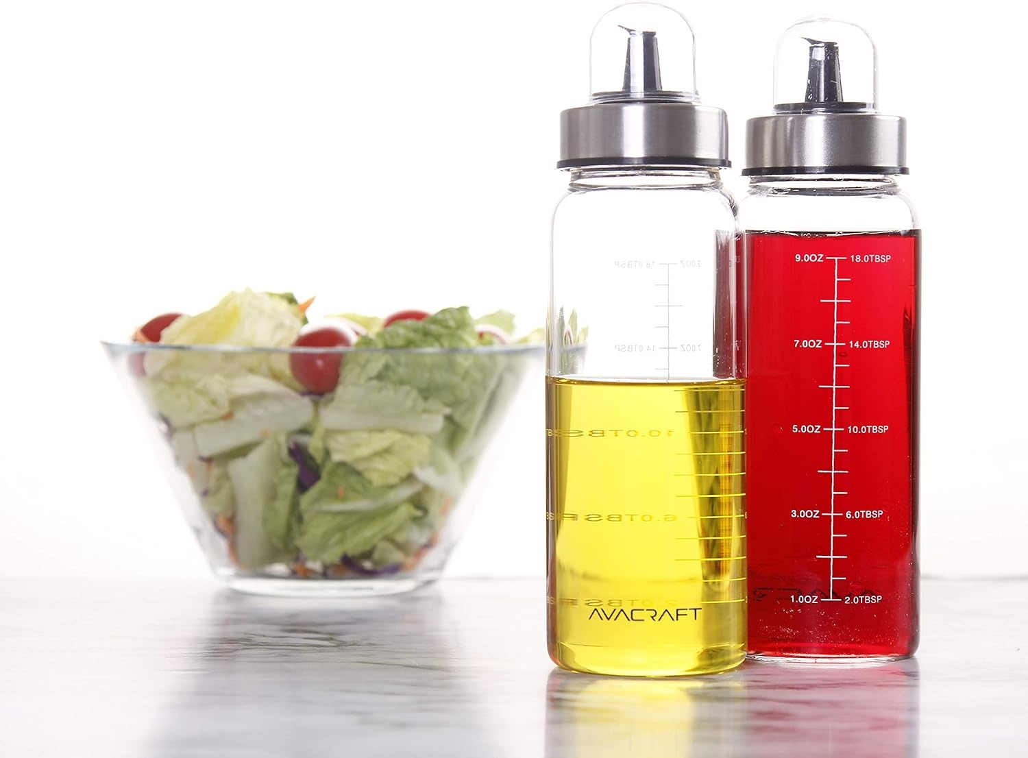 image:imageAVACRAFT Glass Olive Oil Dispenser Bottle with Pour Spouts Measurement Marks on the Oil container for Healthy Cooking Olive Oil Bottle Oil and Vinegar Dispenser 10OZ Set of Two OC3