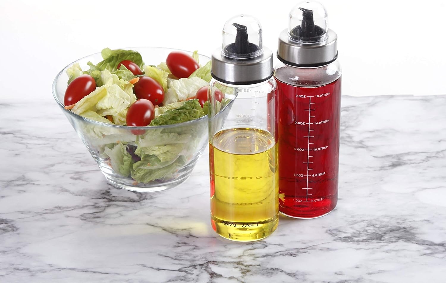 image:imageAVACRAFT Glass Olive Oil Dispenser Bottle with Pour Spouts Measurement Marks on the Oil container for Healthy Cooking Olive Oil Bottle Oil and Vinegar Dispenser 10OZ Set of Two OC3
