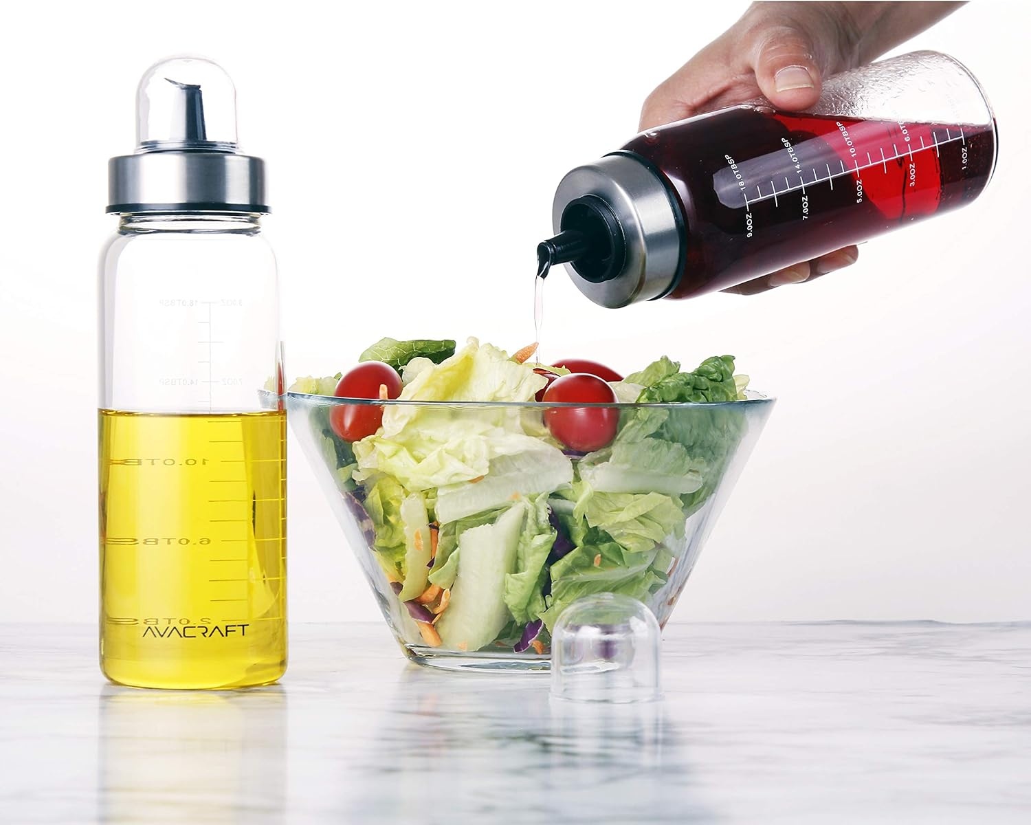 image:imageAVACRAFT Glass Olive Oil Dispenser Bottle with Pour Spouts Measurement Marks on the Oil container for Healthy Cooking Olive Oil Bottle Oil and Vinegar Dispenser 10OZ Set of Two OC3