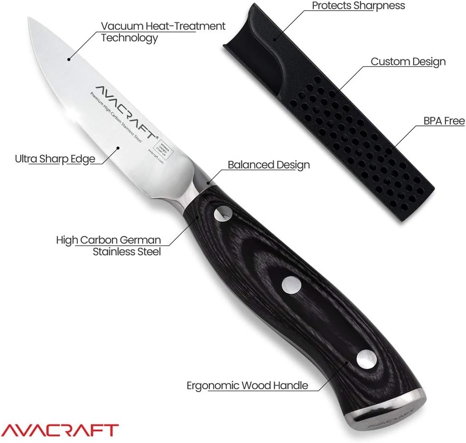 image:imageAVACRAFT Kitchen Paring Knife High Carbon German 14116 Stainless Steel Knife Cutting Chopping Carving Knife Ergonomic Wooden Handle 35 inch knife with Custom Storage Case