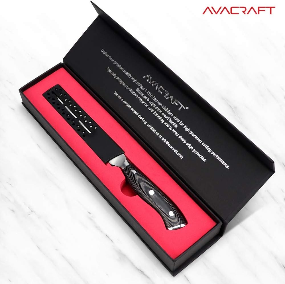 image:imageAVACRAFT Kitchen Utility Knife High Carbon German 14116 Stainless Steel Cutting Chopping Carving Knife Ergonomic Wooden Handle Razor Sharp 5inch Knife with Custom Storage Case