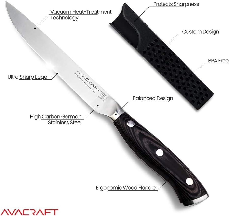 image:imageAVACRAFT Kitchen Utility Knife High Carbon German 14116 Stainless Steel Cutting Chopping Carving Knife Ergonomic Wooden Handle Razor Sharp 5inch Knife with Custom Storage Case