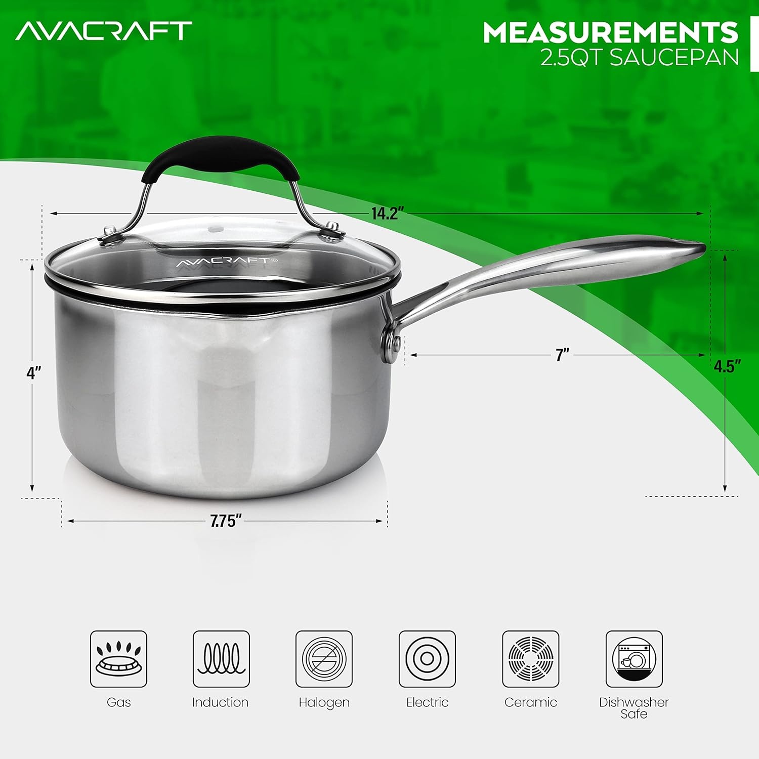 image:imageAVACRAFT Nonstick Saucepan with Glass Lid Strainer Lid 100 PTFE PFOA Toxins Free Two Side Spouts for Easy Pour Multipurpose Ceramic Sauce Pot 25 QT NonStick Saucepan
