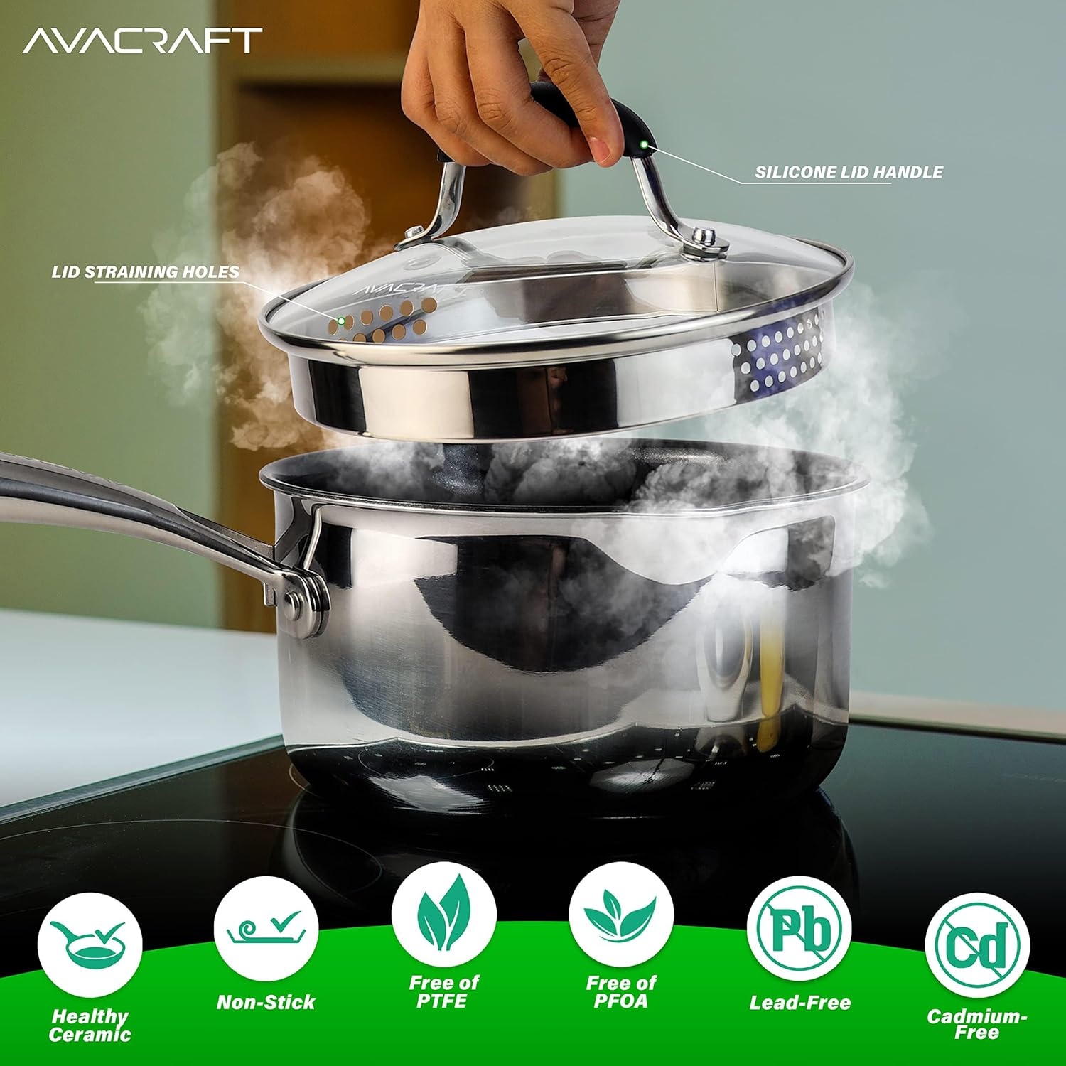 image:imageAVACRAFT Nonstick Saucepan with Glass Lid Strainer Lid 100 PTFE PFOA Toxins Free Two Side Spouts for Easy Pour Multipurpose Ceramic Sauce Pot 25 QT NonStick Saucepan