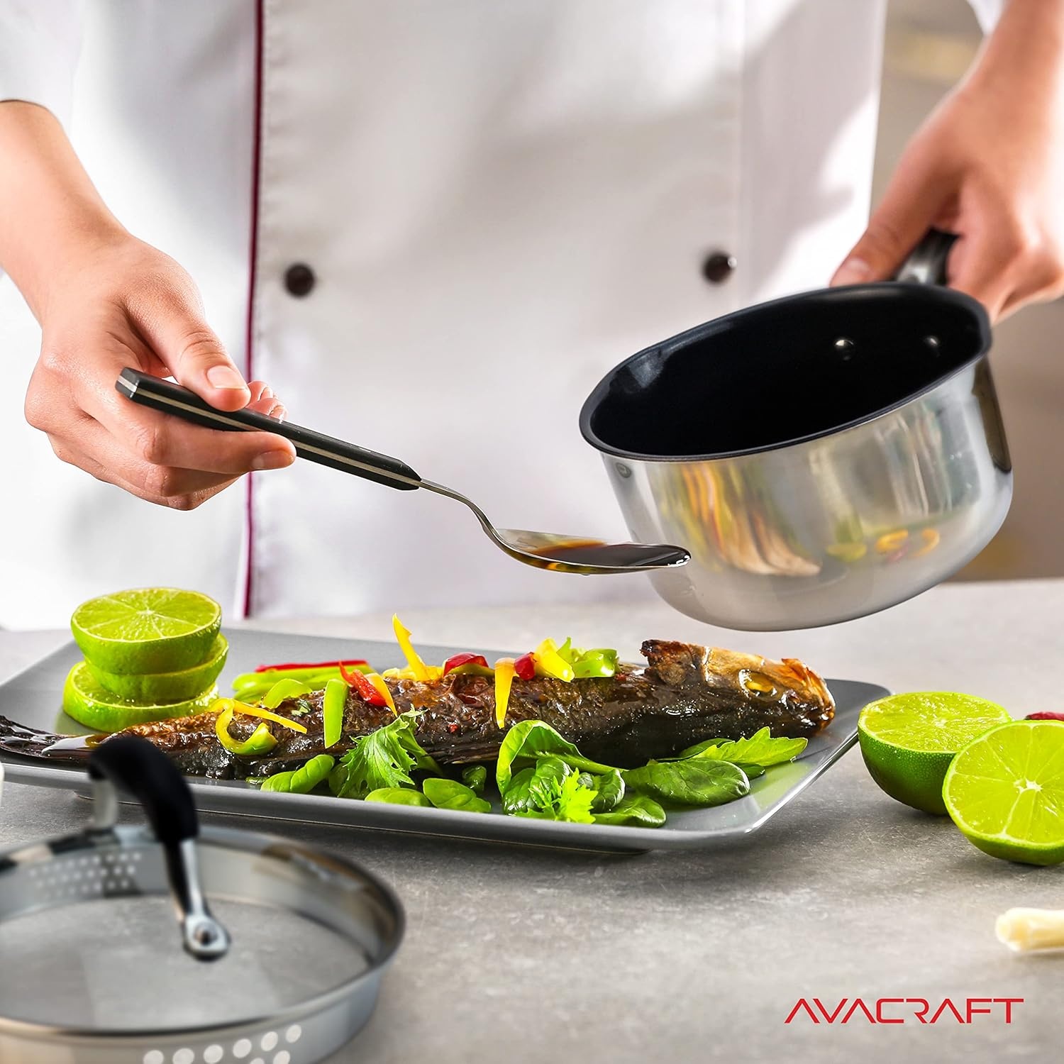 image:imageAVACRAFT Nonstick Saucepan with Glass Lid Strainer Lid 100 PTFE PFOA Toxins Free Two Side Spouts for Easy Pour Multipurpose Ceramic Sauce Pot 25 QT NonStick Saucepan