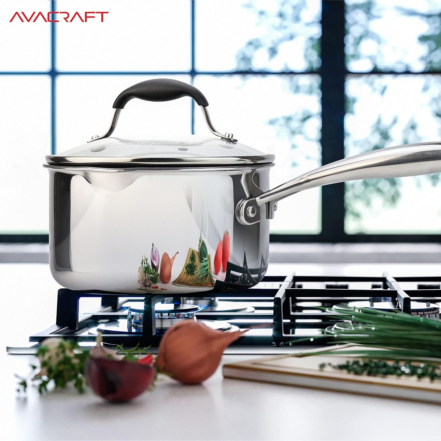 image:imageAVACRAFT Nonstick Saucepan with Glass Lid Strainer Lid 100 PTFE PFOA Toxins Free Two Side Spouts for Easy Pour Multipurpose Ceramic Sauce Pot 25 QT NonStick Saucepan