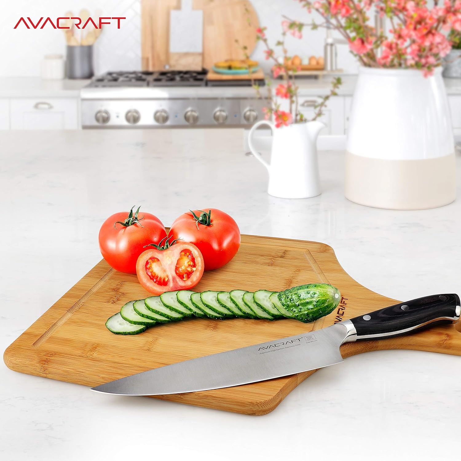 image:imageAVACRAFT Organic Bamboo Cutting Board with Handle Wood Serving Board with Handle Ideal Cutting Board for kitchen Best Chopping Board for Vegetables Meat Cheese Butcher Block 17X12 with Handle