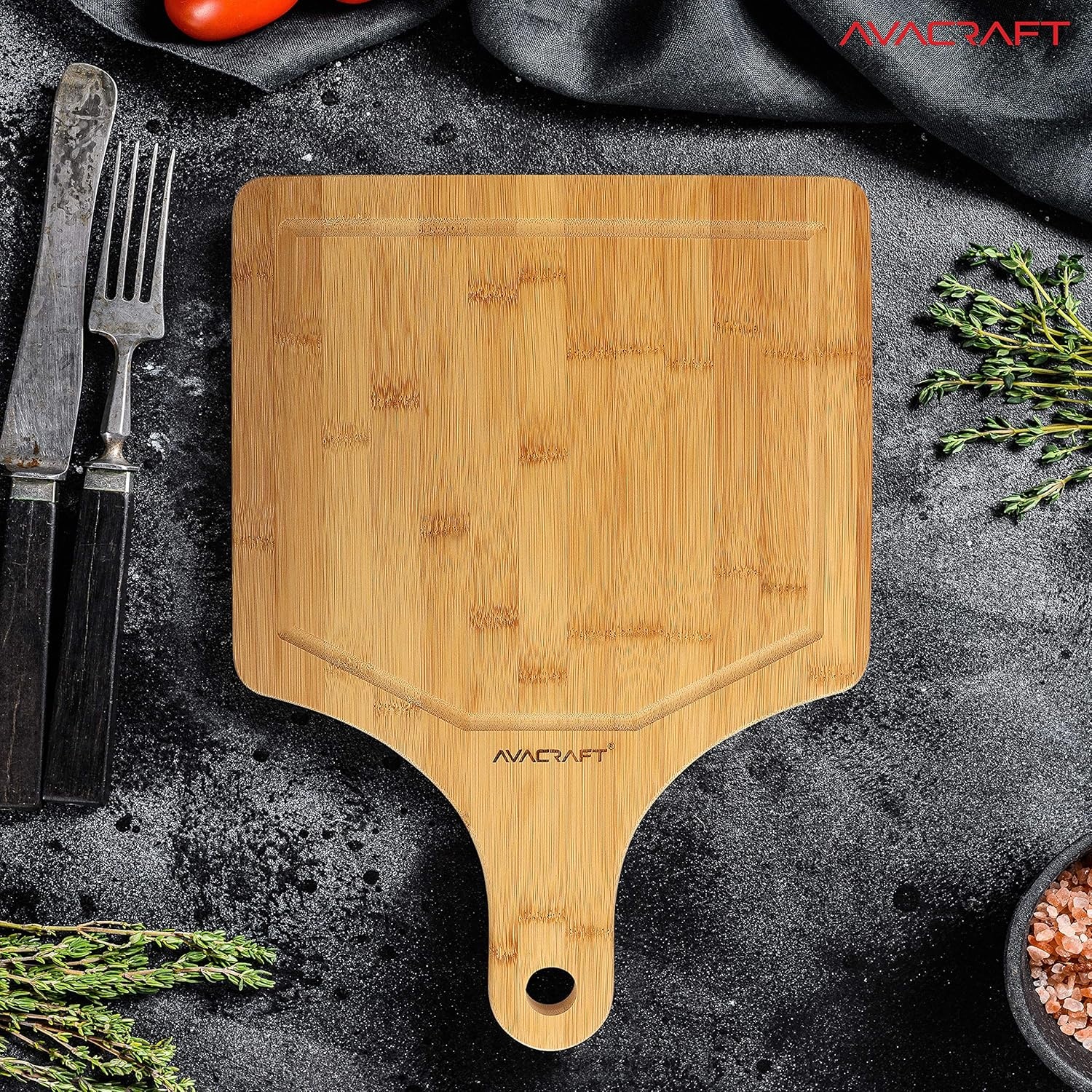 image:imageAVACRAFT Organic Bamboo Cutting Board with Handle Wood Serving Board with Handle Ideal Cutting Board for kitchen Best Chopping Board for Vegetables Meat Cheese Butcher Block 17X12 with Handle