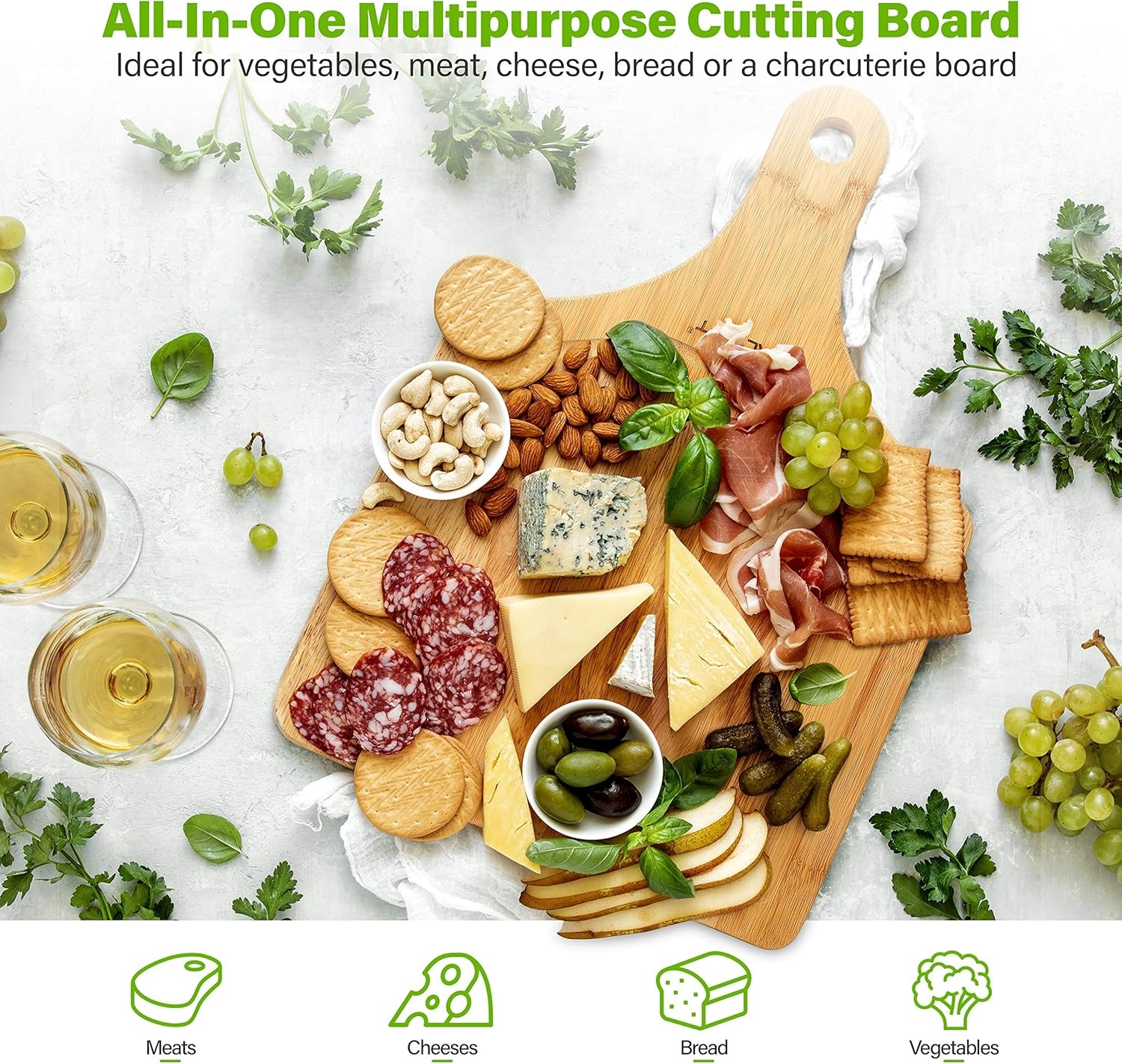 image:imageAVACRAFT Organic Bamboo Cutting Board with Handle Wood Serving Board with Handle Ideal Cutting Board for kitchen Best Chopping Board for Vegetables Meat Cheese Butcher Block 17X12 with Handle