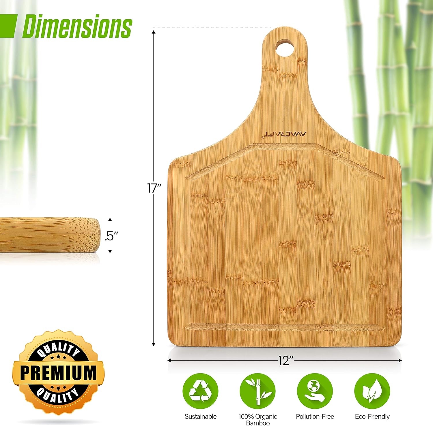image:imageAVACRAFT Organic Bamboo Cutting Board with Handle Wood Serving Board with Handle Ideal Cutting Board for kitchen Best Chopping Board for Vegetables Meat Cheese Butcher Block 17X12 with Handle