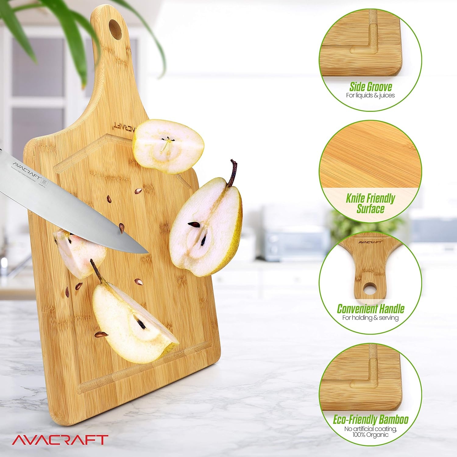 image:imageAVACRAFT Organic Bamboo Cutting Board with Handle Wood Serving Board with Handle Ideal Cutting Board for kitchen Best Chopping Board for Vegetables Meat Cheese Butcher Block 17X12 with Handle