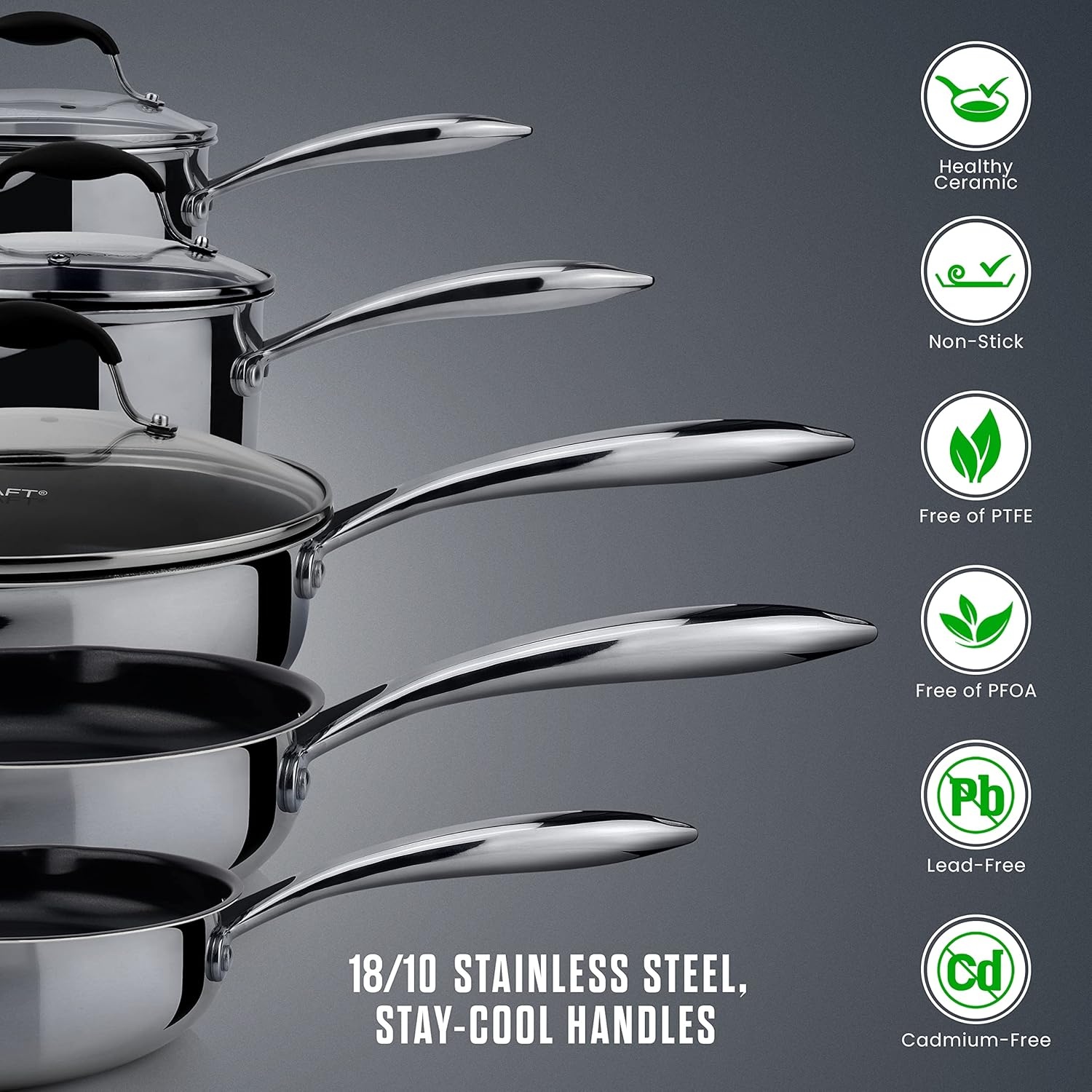 image:imageAVACRAFT Premium Ceramic Non Stick Cookware Set 100 PFOA PTFE Toxin Free Best Nonstick Pots and Pans Set MultiPly Body Ceramic Pan Set 10Piece Sets