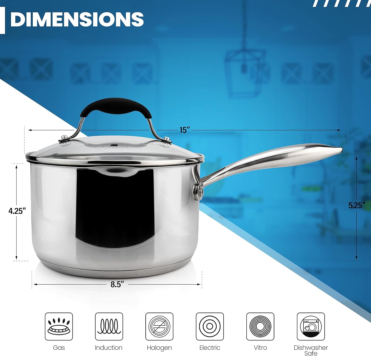 image:imageAVACRAFT Stainless Steel Saucepan with Glass Strainer Lid Two Side Spouts for Easy Pour with Ergonomic Handle Multipurpose Sauce Pot 5Ply Capsule Bottom 35 Quart5ply Capsule Bottom