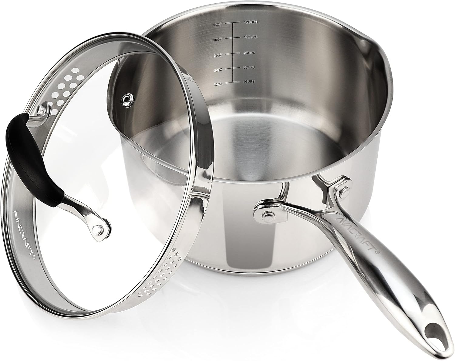 image:imageAVACRAFT Stainless Steel Saucepan with Glass Strainer Lid Two Side Spouts for Easy Pour with Ergonomic Handle Multipurpose Sauce Pot 5Ply Capsule Bottom 35 Quart5ply Capsule Bottom