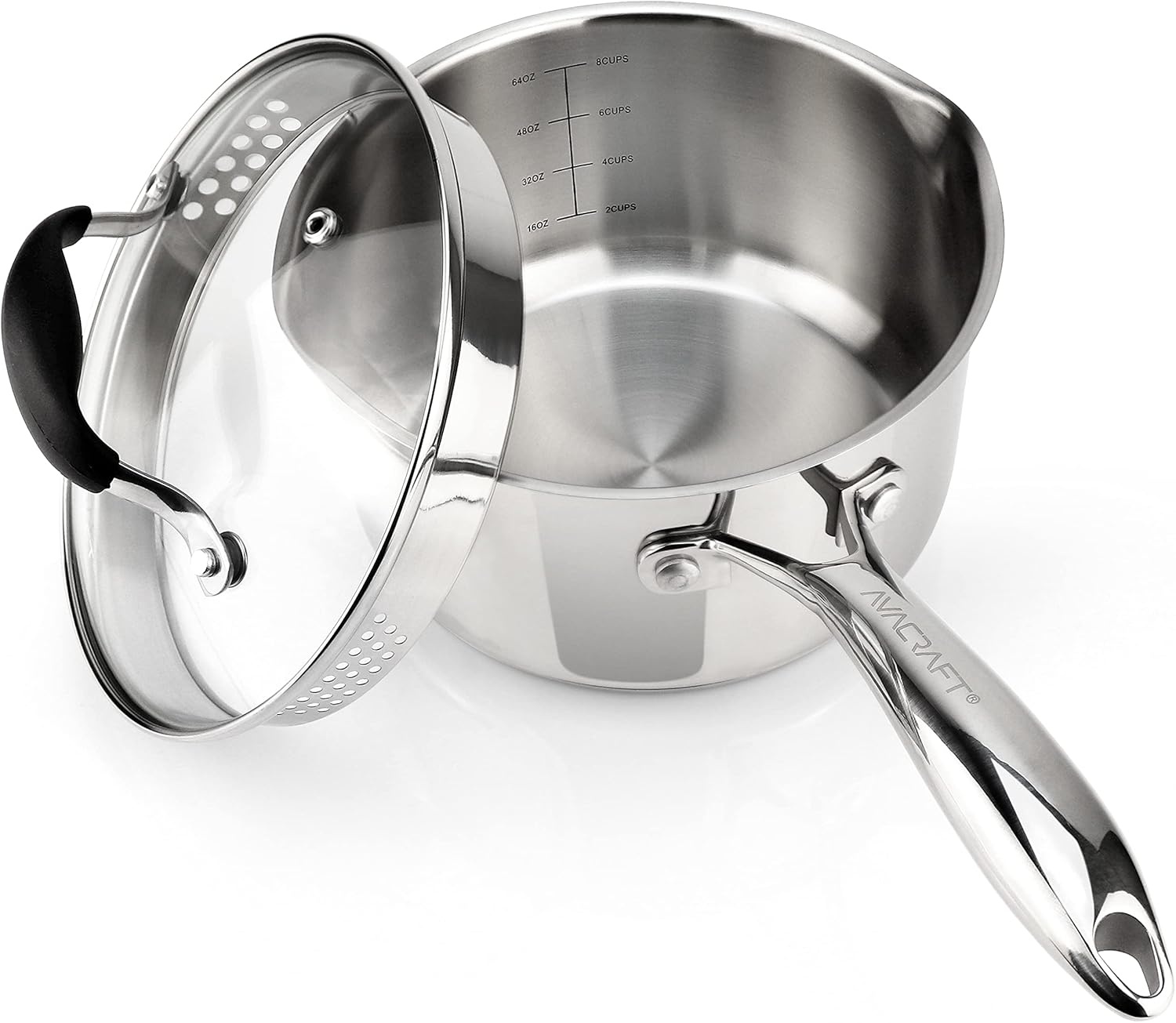 image:imageAVACRAFT Stainless Steel Saucepan with Glass Strainer Lid Two Side Spouts for Easy Pour with Ergonomic Handle Multipurpose Sauce Pot 5Ply Capsule Bottom 35 Quart5ply Capsule Bottom