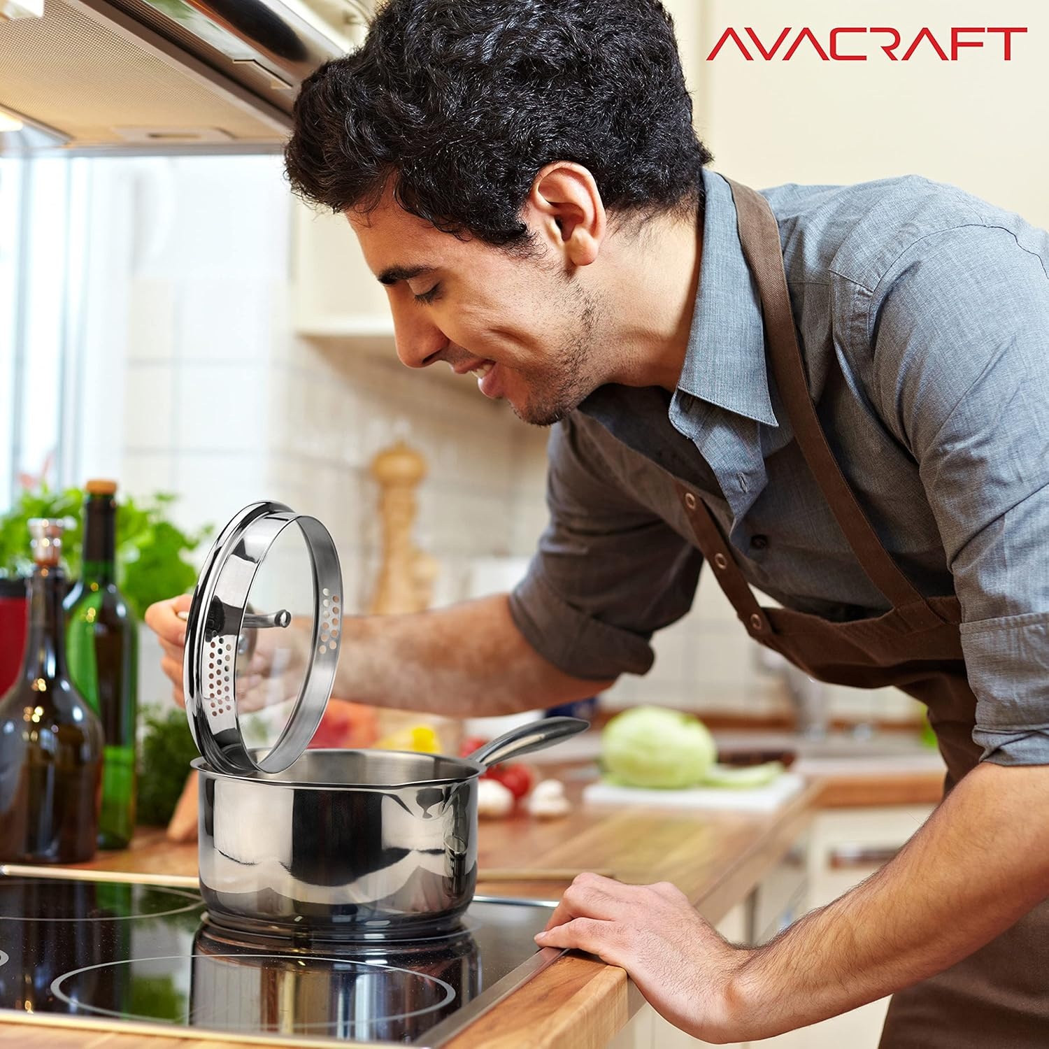 image:imageAVACRAFT Stainless Steel Saucepan with Glass Strainer Lid Two Side Spouts for Easy Pour with Ergonomic Handle Multipurpose Sauce Pot 5Ply Capsule Bottom 35 Quart5ply Capsule Bottom
