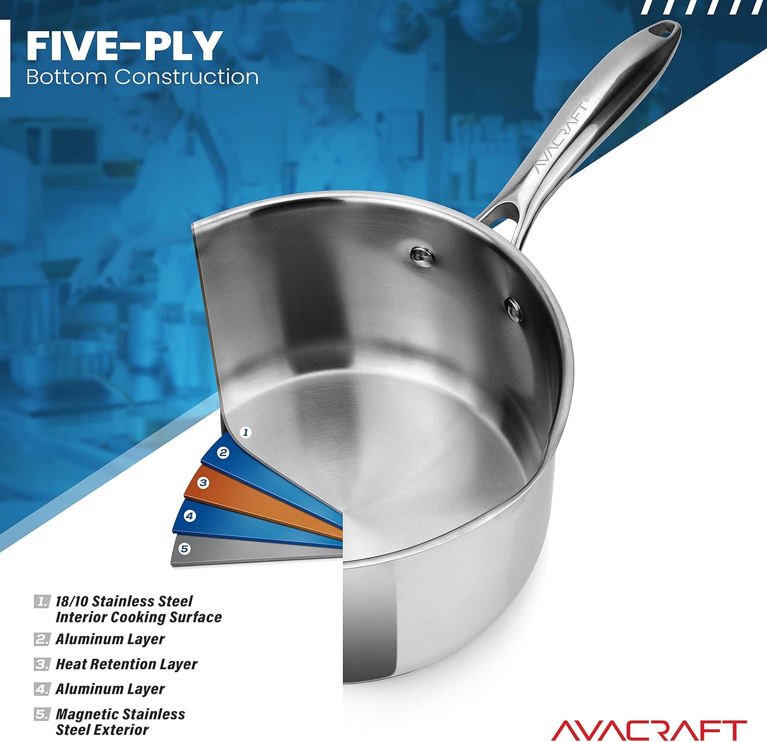 image:imageAVACRAFT Stainless Steel Saucepan with Glass Strainer Lid Two Side Spouts for Easy Pour with Ergonomic Handle Multipurpose Sauce Pot 5Ply Capsule Bottom 35 Quart5ply Capsule Bottom