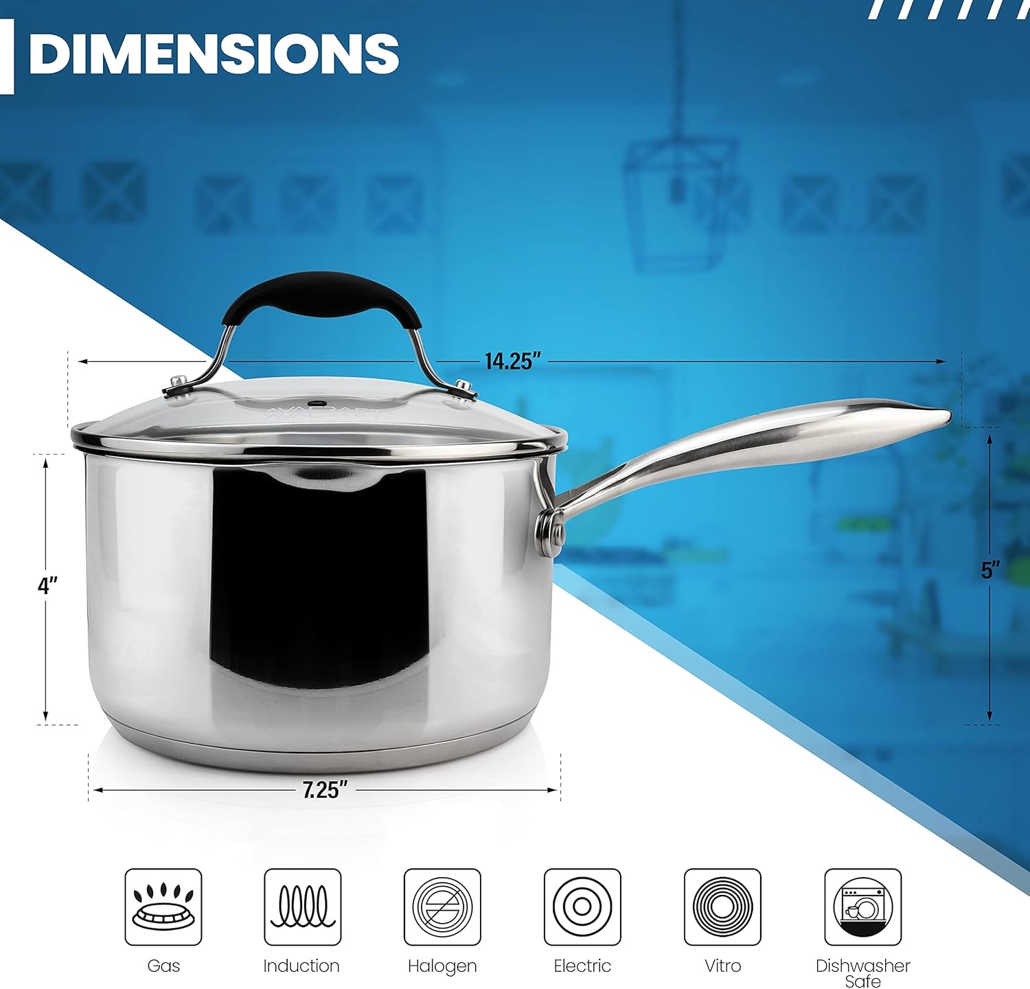 image:imageAVACRAFT Stainless Steel Saucepan with Glass Strainer Lid Two Side Spouts for Easy Pour with Ergonomic Handle Multipurpose Sauce Pot 5Ply Capsule Bottom 35 Quart5ply Capsule Bottom
