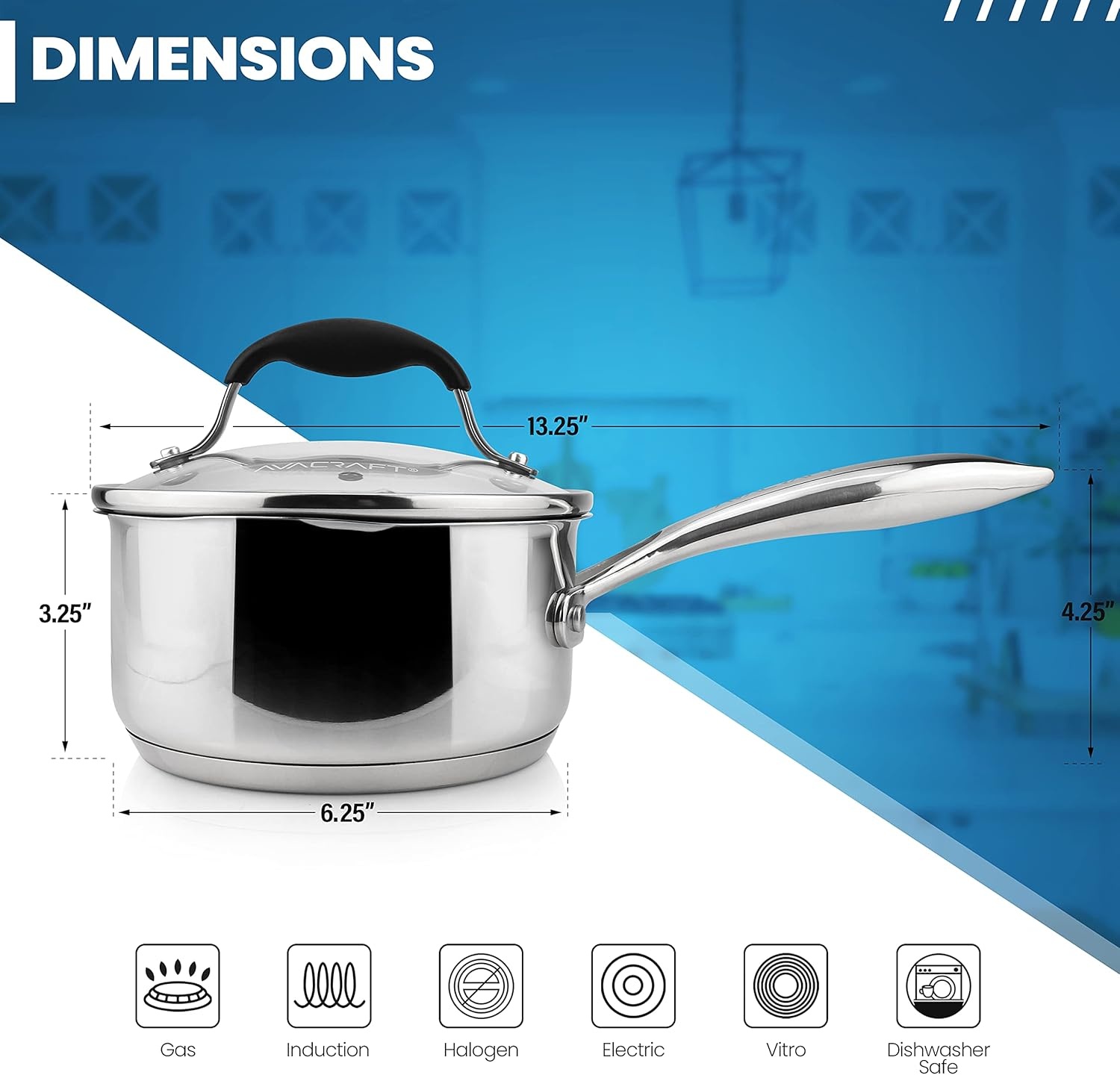 image:imageAVACRAFT Stainless Steel Saucepan with Glass Strainer Lid Two Side Spouts for Easy Pour with Ergonomic Handle Multipurpose Sauce Pot 5Ply Capsule Bottom 35 Quart5ply Capsule Bottom