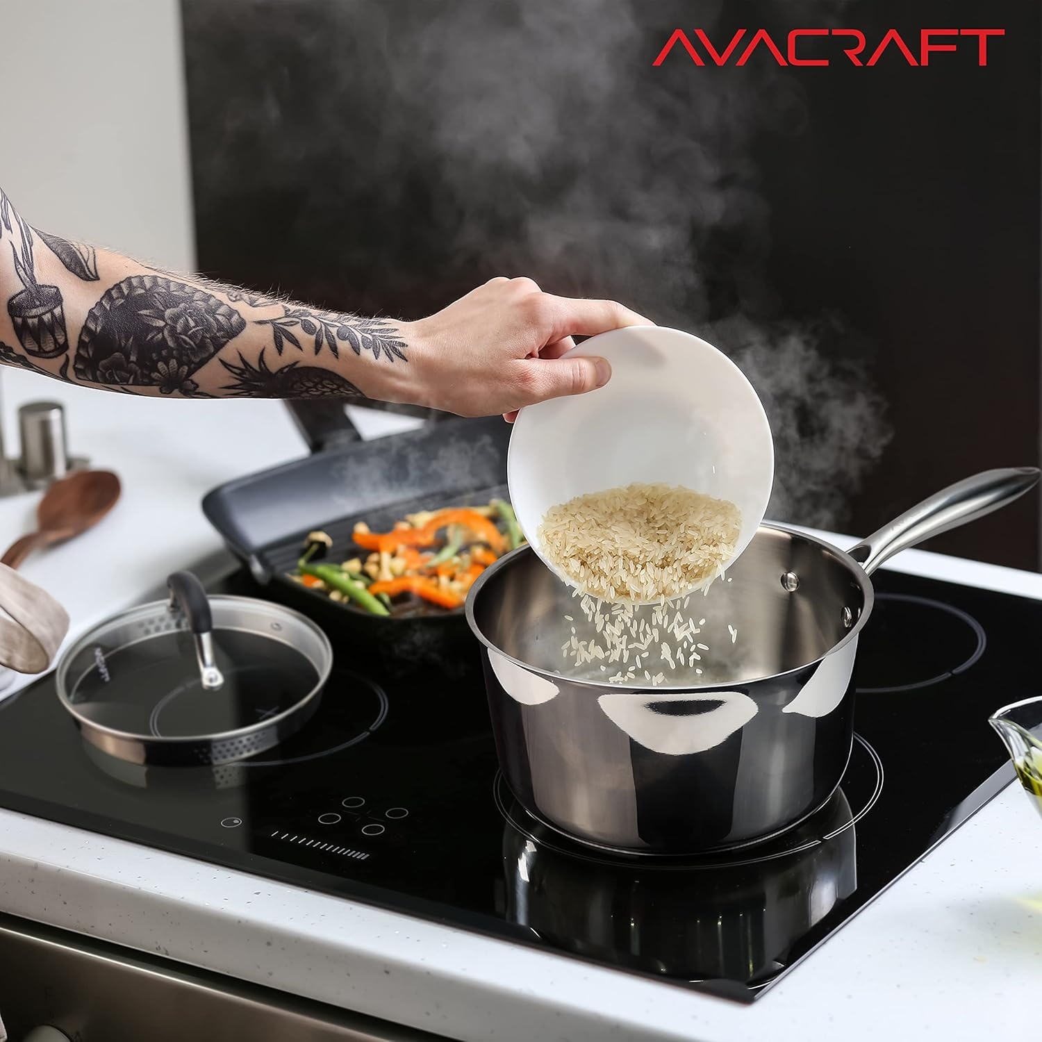 image:imageAVACRAFT Stainless Steel Saucepan with Glass Strainer Lid Two Side Spouts for Easy Pour with Ergonomic Handle Multipurpose Sauce Pot 5Ply Capsule Bottom 35 Quart5ply Capsule Bottom