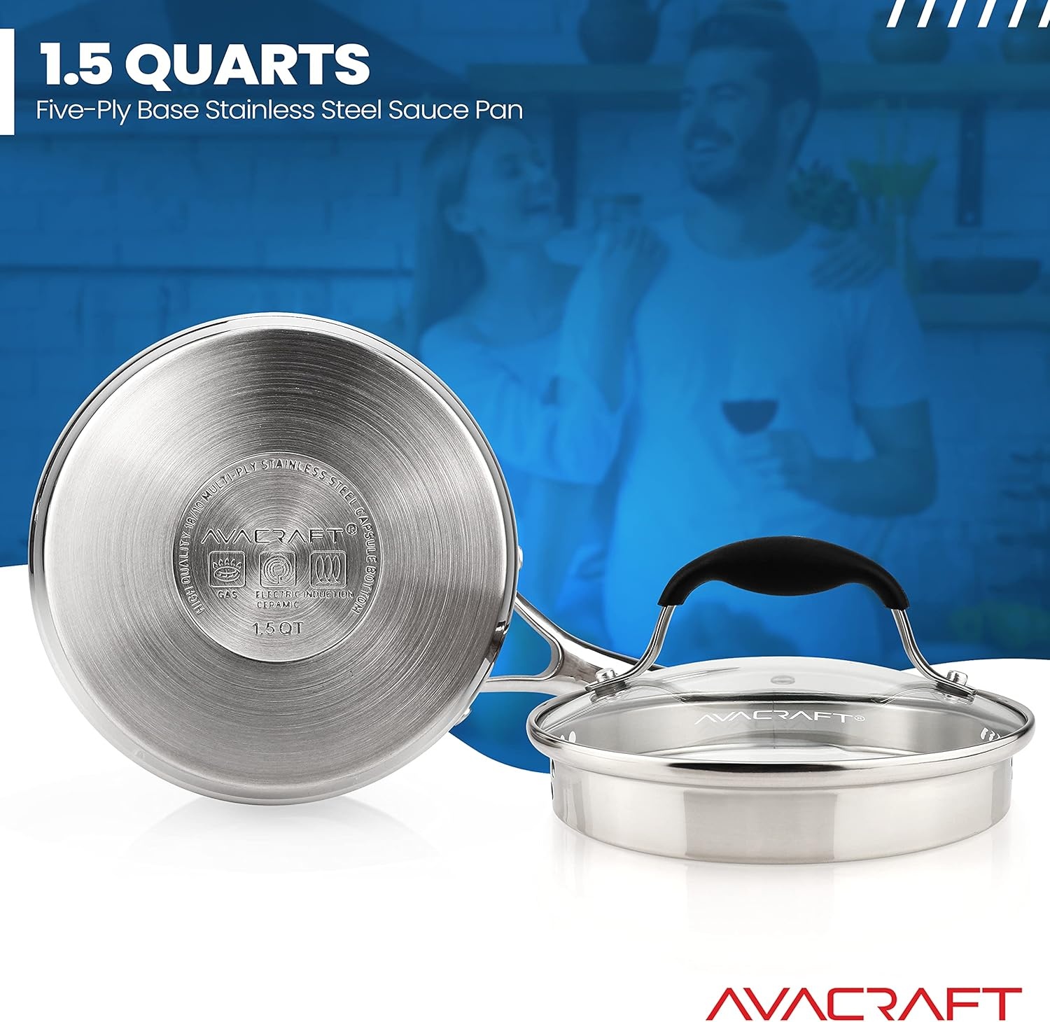 image:imageAVACRAFT Stainless Steel Saucepan with Glass Strainer Lid Two Side Spouts for Easy Pour with Ergonomic Handle Multipurpose Sauce Pot 5Ply Capsule Bottom 35 Quart5ply Capsule Bottom