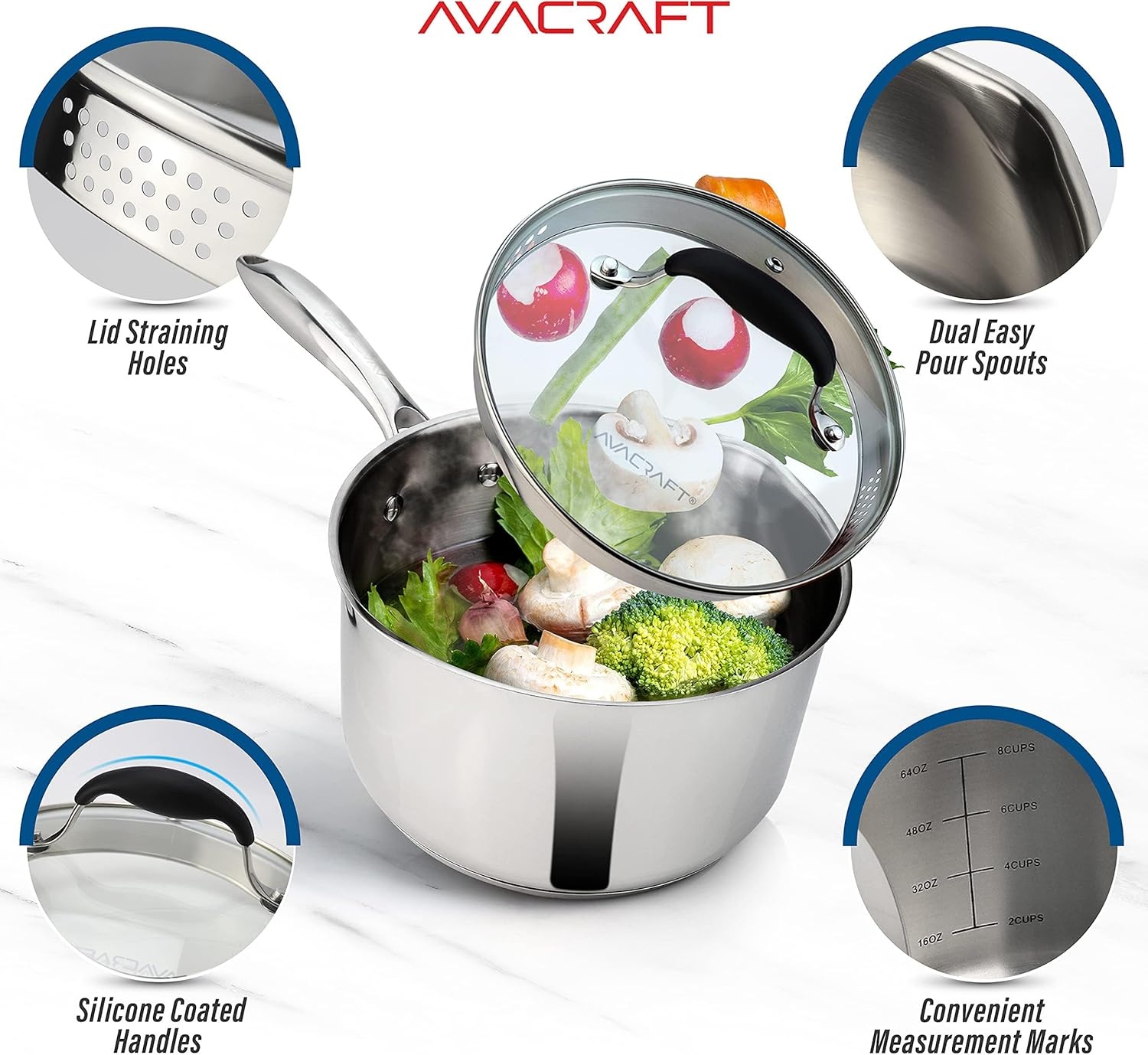 image:imageAVACRAFT Stainless Steel Saucepan with Glass Strainer Lid Two Side Spouts for Easy Pour with Ergonomic Handle Multipurpose Sauce Pot 5Ply Capsule Bottom 35 Quart5ply Capsule Bottom