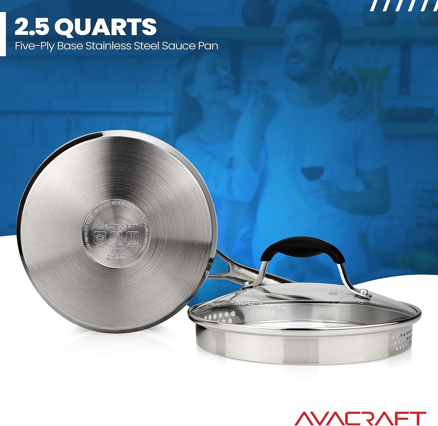 image:imageAVACRAFT Stainless Steel Saucepan with Glass Strainer Lid Two Side Spouts for Easy Pour with Ergonomic Handle Multipurpose Sauce Pot 5Ply Capsule Bottom 35 Quart5ply Capsule Bottom