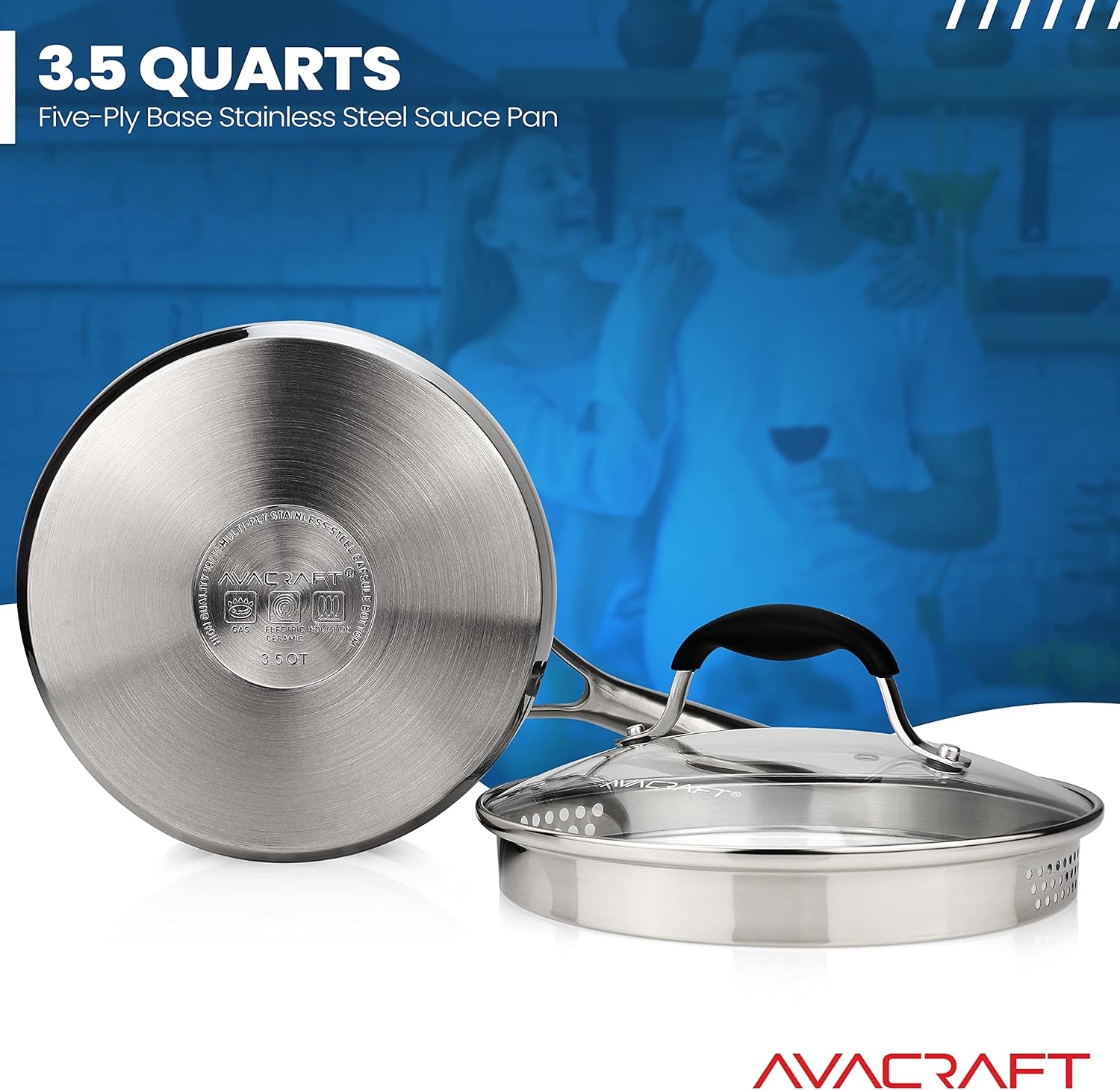 image:imageAVACRAFT Stainless Steel Saucepan with Glass Strainer Lid Two Side Spouts for Easy Pour with Ergonomic Handle Multipurpose Sauce Pot 5Ply Capsule Bottom 35 Quart5ply Capsule Bottom