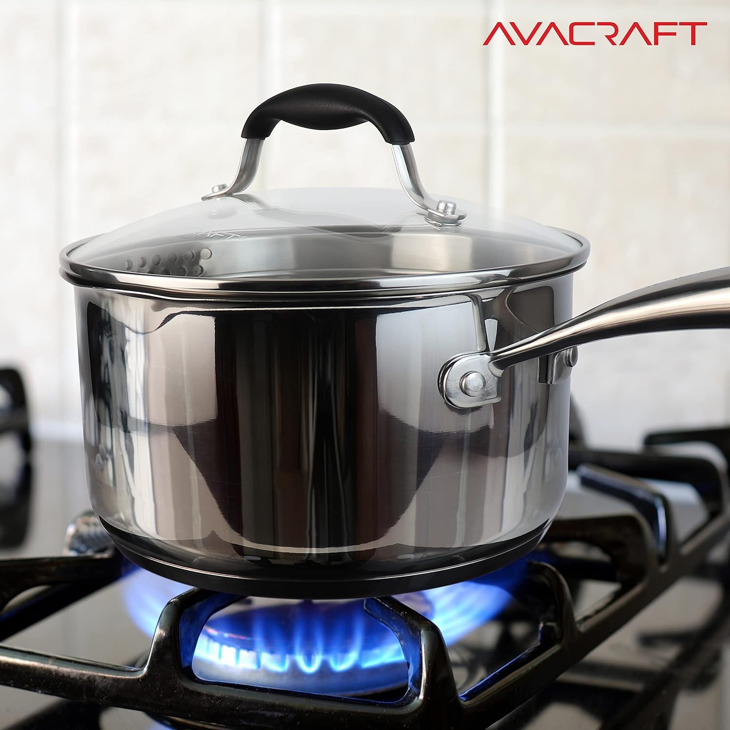 image:imageAVACRAFT Stainless Steel Saucepan with Glass Strainer Lid Two Side Spouts for Easy Pour with Ergonomic Handle Multipurpose Sauce Pot 5Ply Capsule Bottom 35 Quart5ply Capsule Bottom