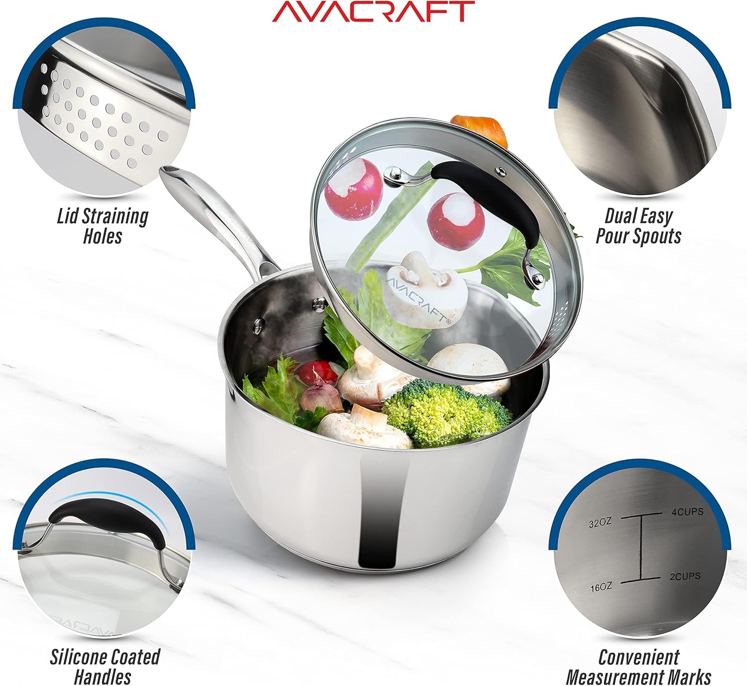 image:imageAVACRAFT Stainless Steel Saucepan with Glass Strainer Lid Two Side Spouts for Easy Pour with Ergonomic Handle Multipurpose Sauce Pot 5Ply Capsule Bottom 35 Quart5ply Capsule Bottom