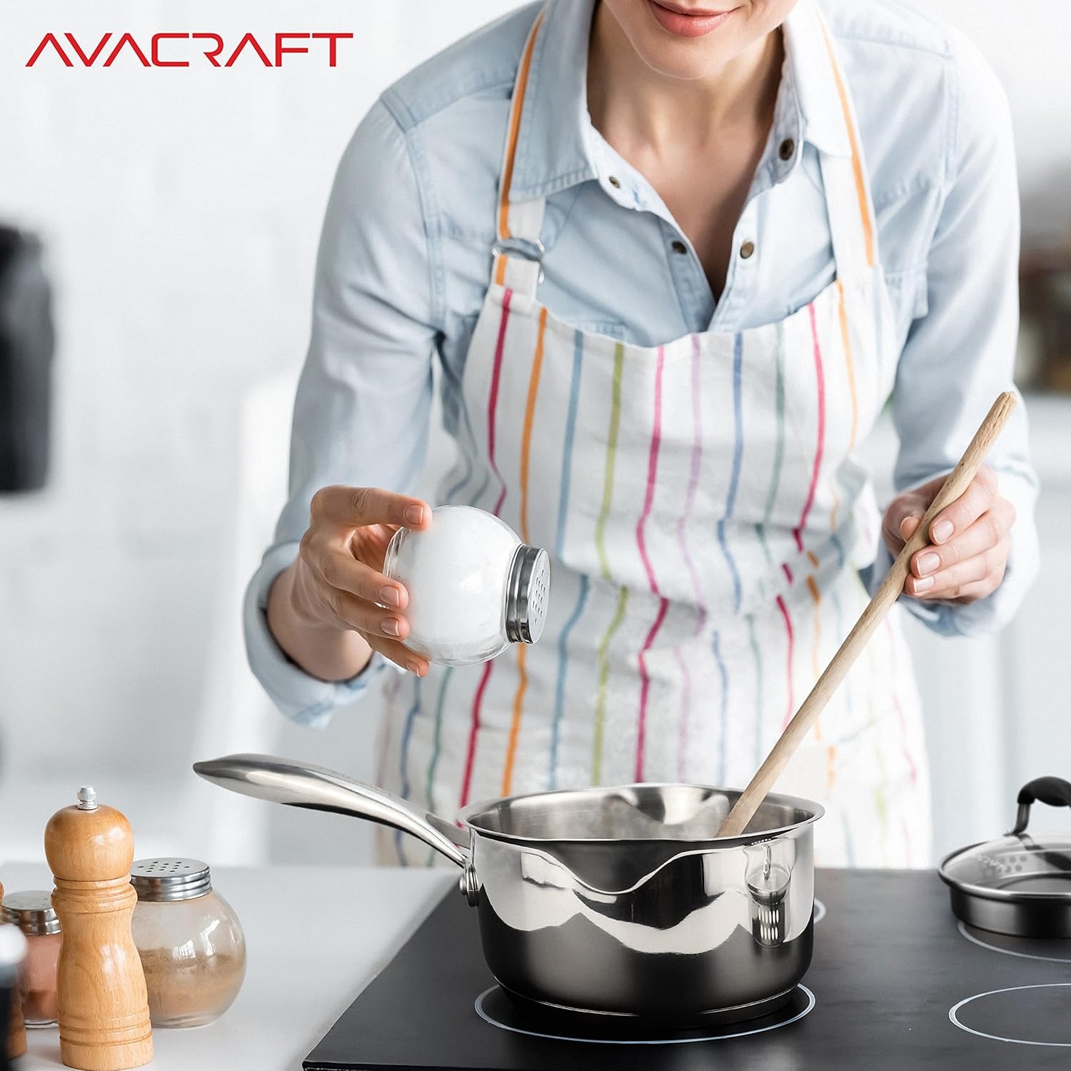 image:imageAVACRAFT Stainless Steel Saucepan with Glass Strainer Lid Two Side Spouts for Easy Pour with Ergonomic Handle Multipurpose Sauce Pot 5Ply Capsule Bottom 35 Quart5ply Capsule Bottom