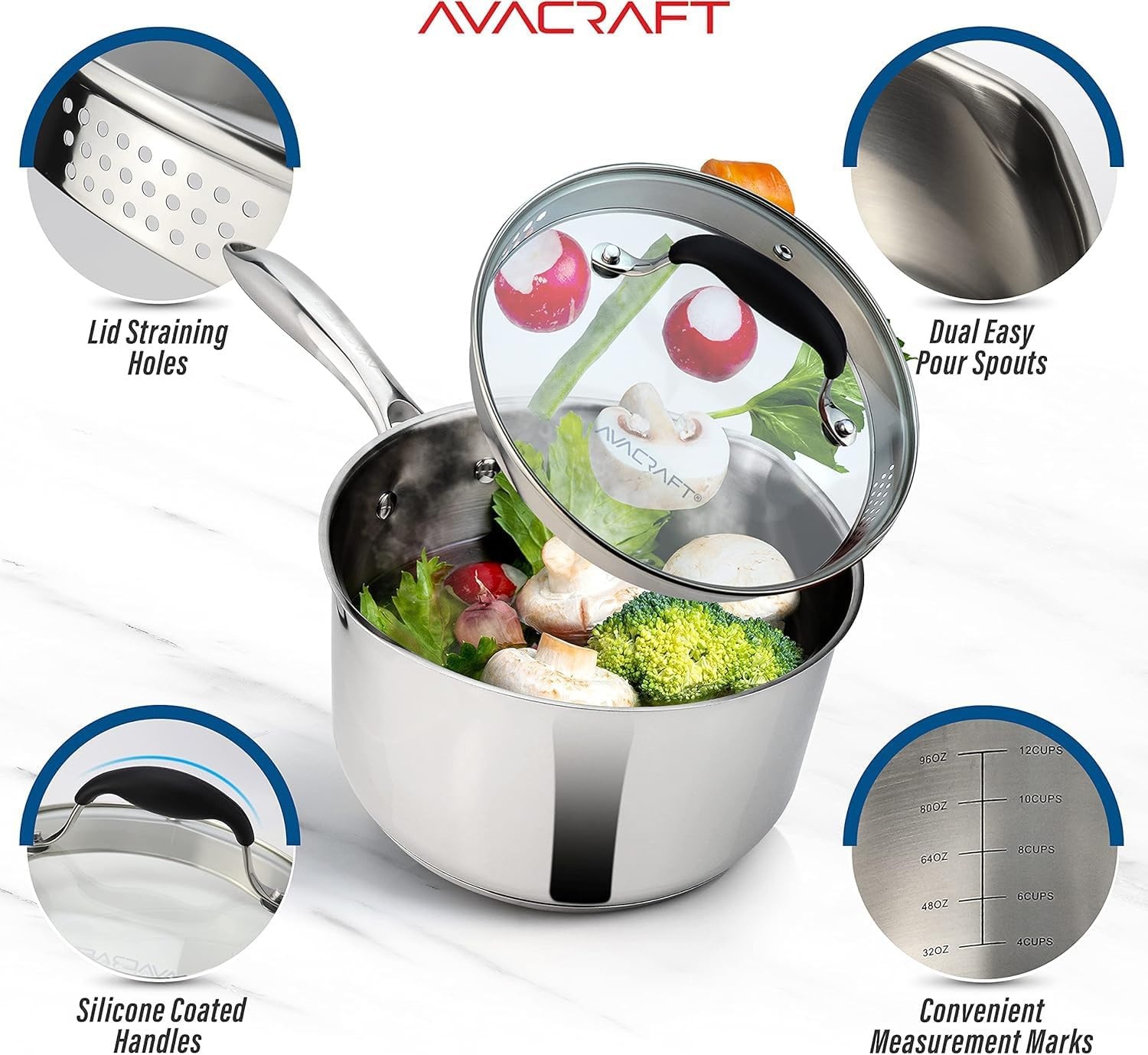 image:imageAVACRAFT Stainless Steel Saucepan with Glass Strainer Lid Two Side Spouts for Easy Pour with Ergonomic Handle Multipurpose Sauce Pot 5Ply Capsule Bottom 35 Quart5ply Capsule Bottom