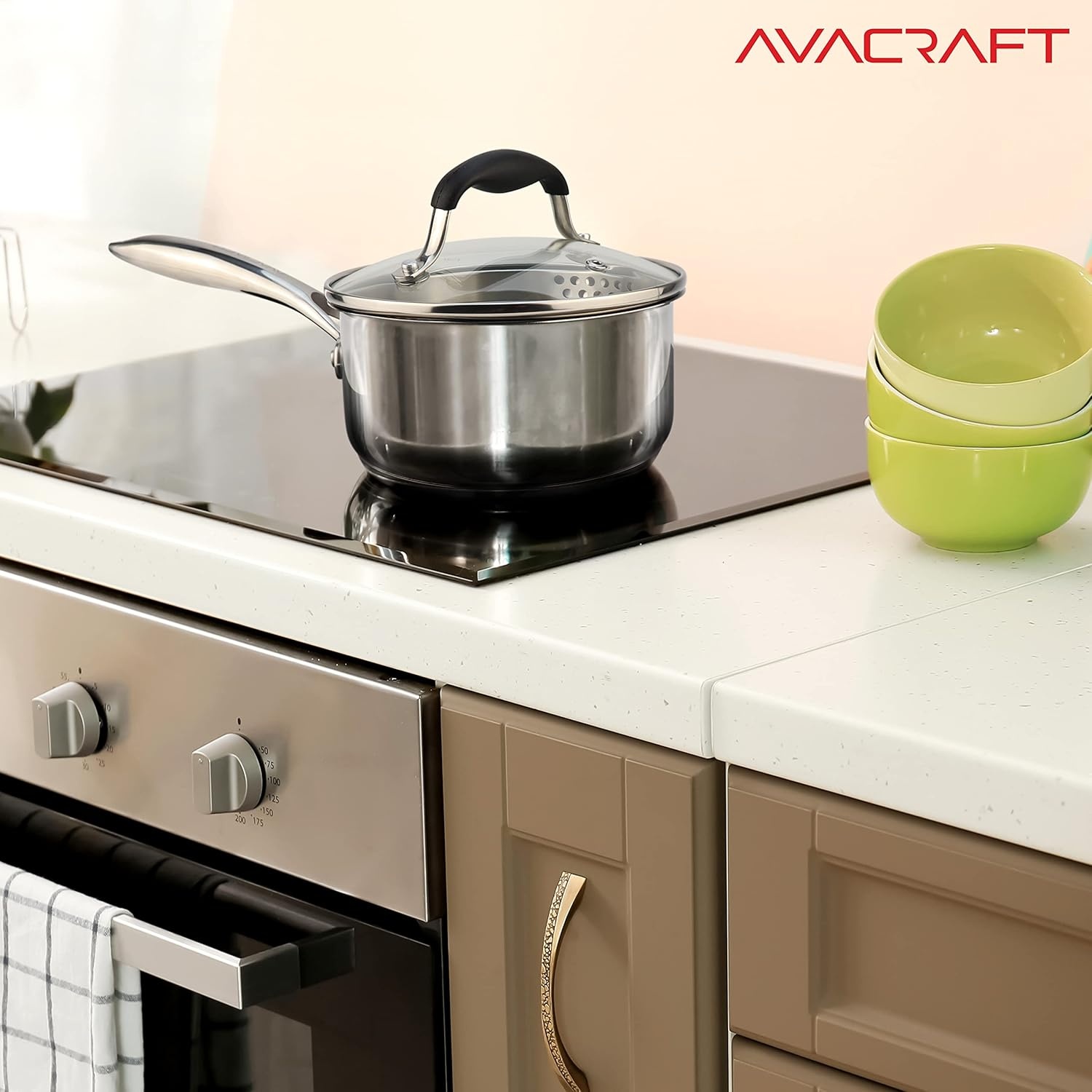 image:imageAVACRAFT Stainless Steel Saucepan with Glass Strainer Lid Two Side Spouts for Easy Pour with Ergonomic Handle Multipurpose Sauce Pot 5Ply Capsule Bottom 35 Quart5ply Capsule Bottom