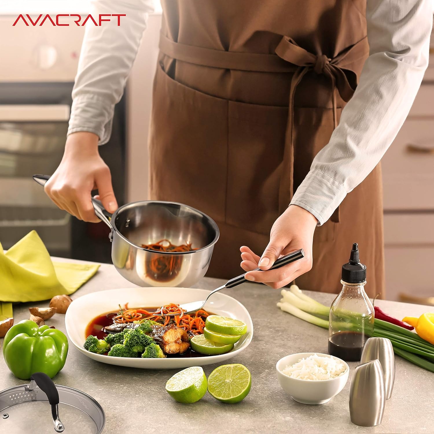 image:imageAVACRAFT TriPly Stainless Steel Saucepan with Glass Strainer Lid Two Side Spouts Ergonomic Handle Multipurpose Sauce Pan with Lid Sauce Pot Cooking Pot TriPly Full Body 25 QuartTriPly Full Body