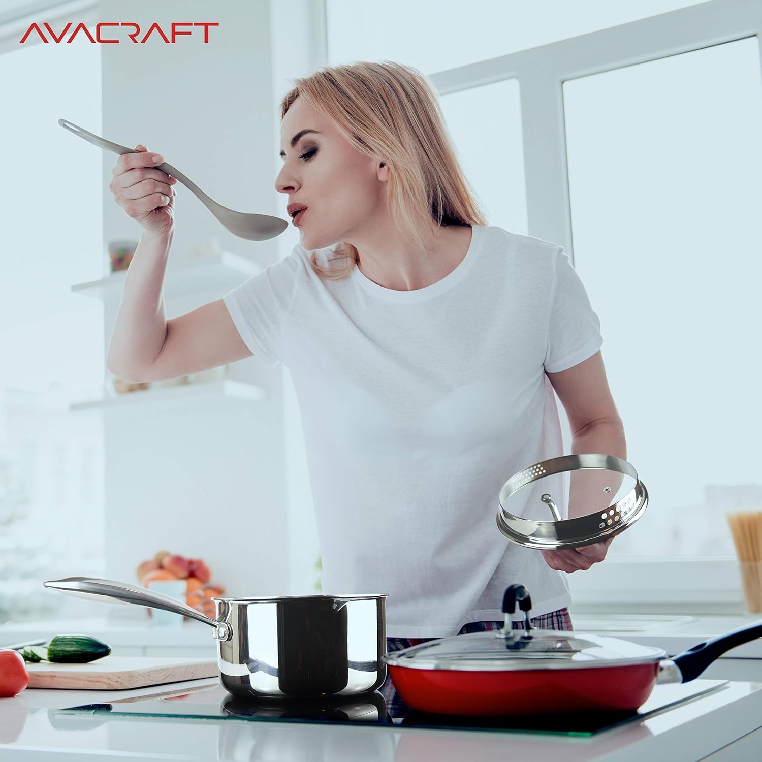 image:imageAVACRAFT TriPly Stainless Steel Saucepan with Glass Strainer Lid Two Side Spouts Ergonomic Handle Multipurpose Sauce Pan with Lid Sauce Pot Cooking Pot TriPly Full Body 25 QuartTriPly Full Body