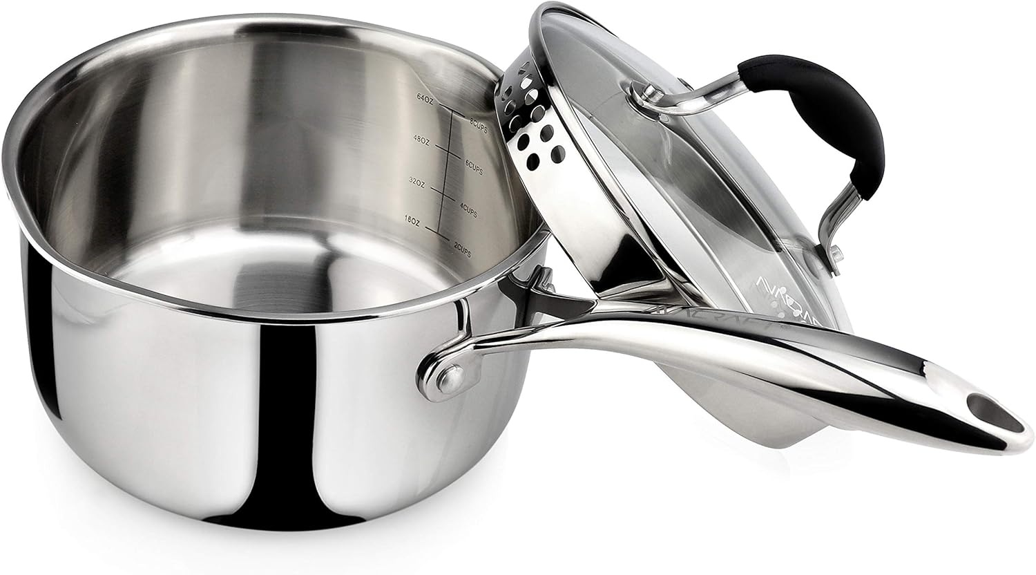 image:imageAVACRAFT TriPly Stainless Steel Saucepan with Glass Strainer Lid Two Side Spouts Ergonomic Handle Multipurpose Sauce Pan with Lid Sauce Pot Cooking Pot TriPly Full Body 25 QuartTriPly Full Body