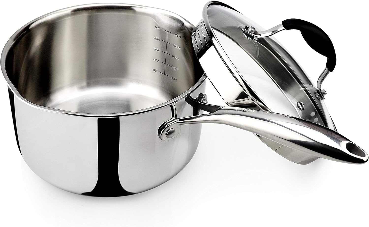 image:imageAVACRAFT TriPly Stainless Steel Saucepan with Glass Strainer Lid Two Side Spouts Ergonomic Handle Multipurpose Sauce Pan with Lid Sauce Pot Cooking Pot TriPly Full Body 25 QuartTriPly Full Body