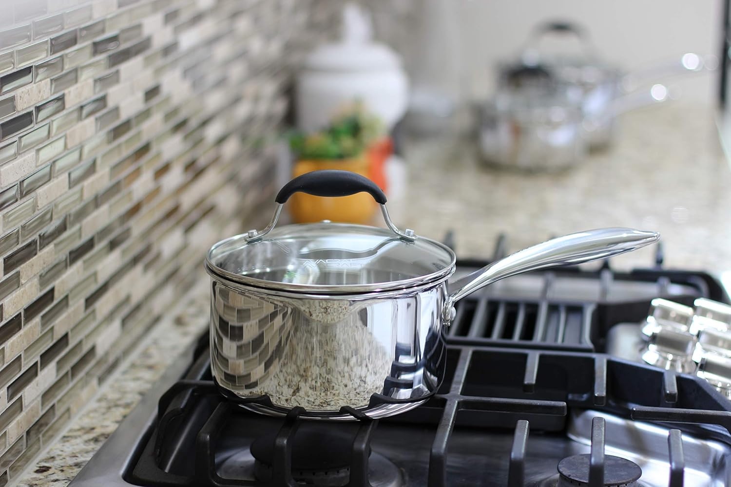 image:imageAVACRAFT TriPly Stainless Steel Saucepan with Glass Strainer Lid Two Side Spouts Ergonomic Handle Multipurpose Sauce Pan with Lid Sauce Pot Cooking Pot TriPly Full Body 25 QuartTriPly Full Body