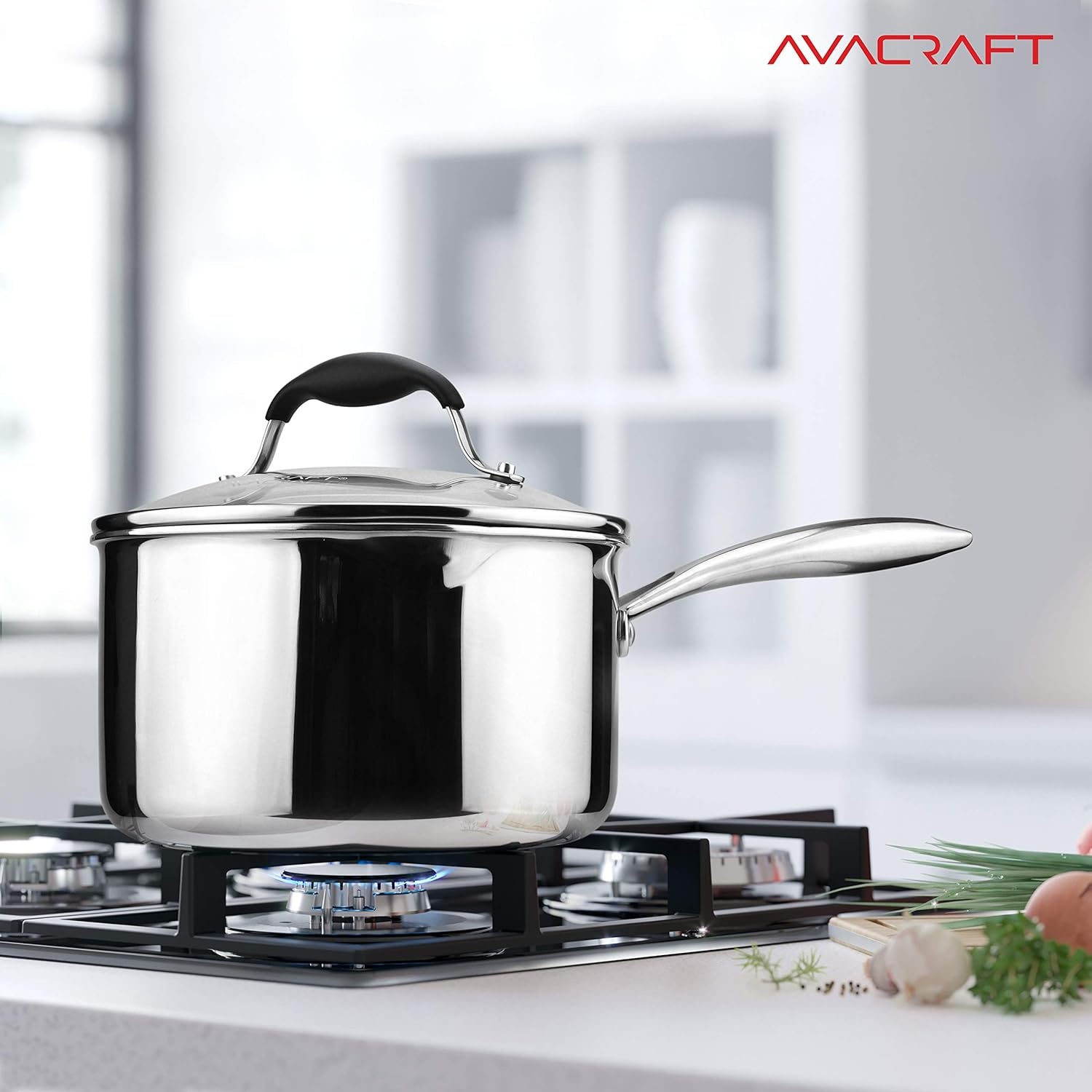 image:imageAVACRAFT TriPly Stainless Steel Saucepan with Glass Strainer Lid Two Side Spouts Ergonomic Handle Multipurpose Sauce Pan with Lid Sauce Pot Cooking Pot TriPly Full Body 25 QuartTriPly Full Body