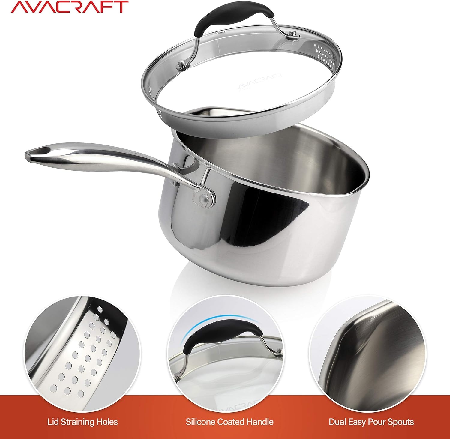 image:imageAVACRAFT TriPly Stainless Steel Saucepan with Glass Strainer Lid Two Side Spouts Ergonomic Handle Multipurpose Sauce Pan with Lid Sauce Pot Cooking Pot TriPly Full Body 25 QuartTriPly Full Body