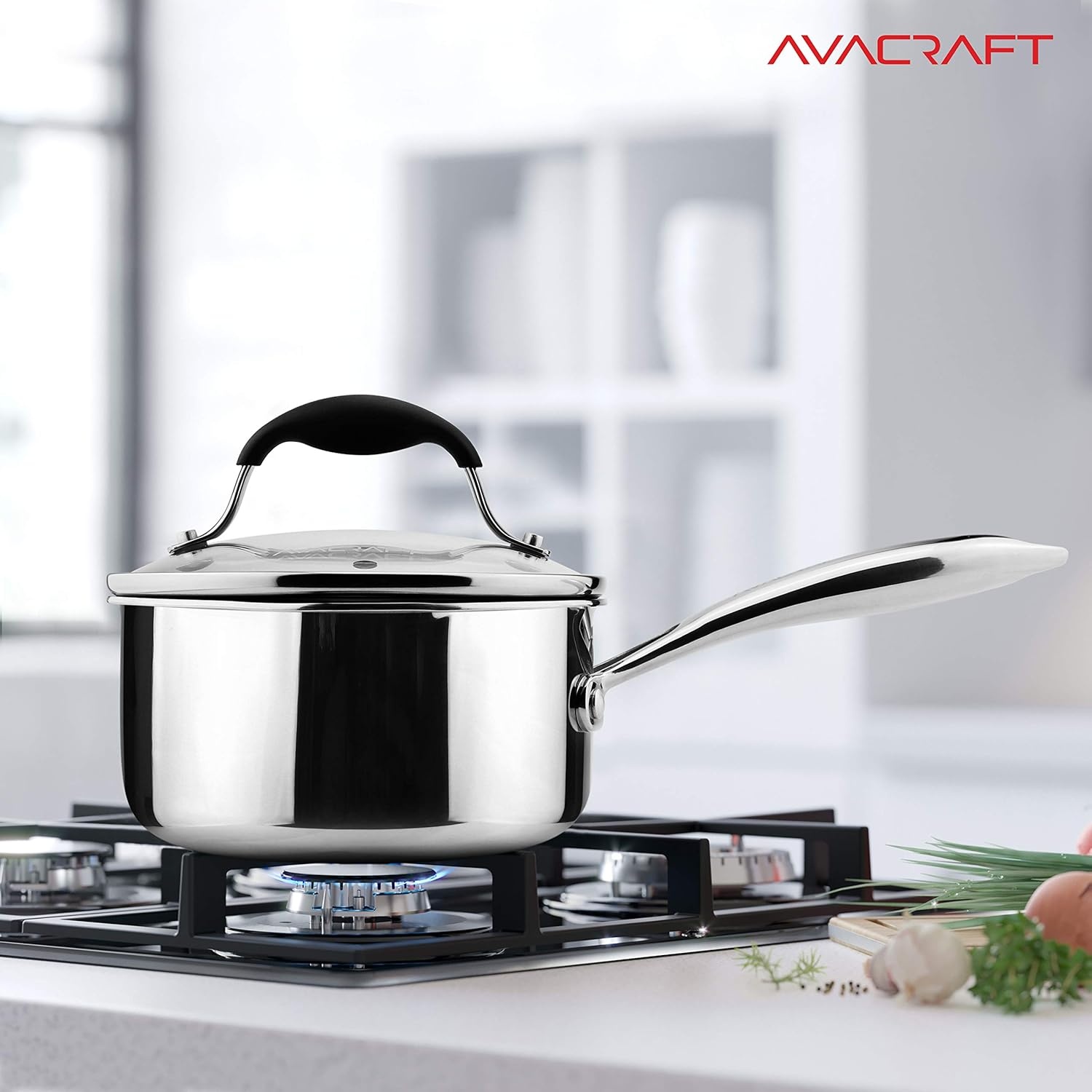 image:imageAVACRAFT TriPly Stainless Steel Saucepan with Glass Strainer Lid Two Side Spouts Ergonomic Handle Multipurpose Sauce Pan with Lid Sauce Pot Cooking Pot TriPly Full Body 25 QuartTriPly Full Body